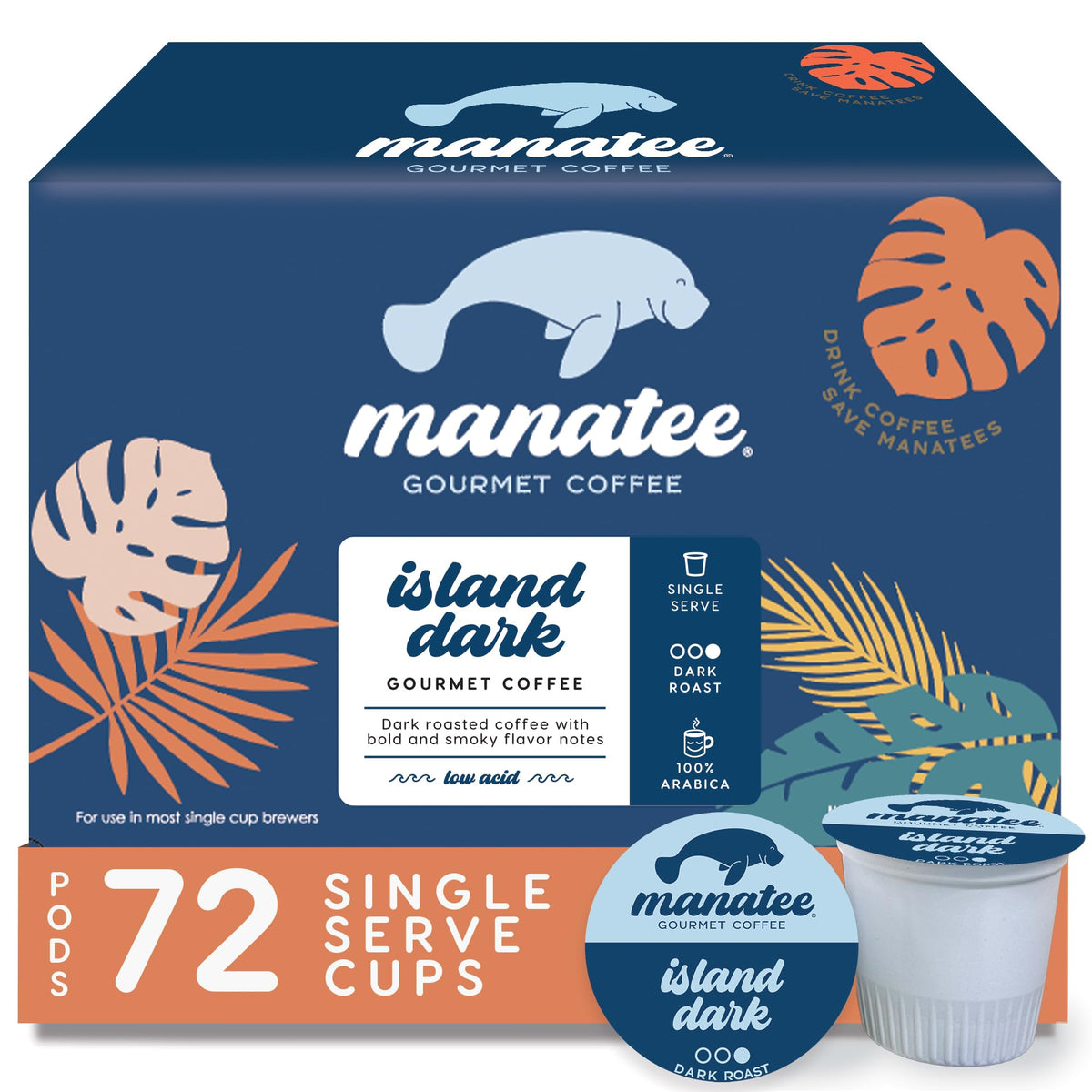 Manatee Gourmet Coffee Island Dark Roast Pods for Keurig 2.0 – Single Serve K-Cups, 72 Count (Pack of 6)