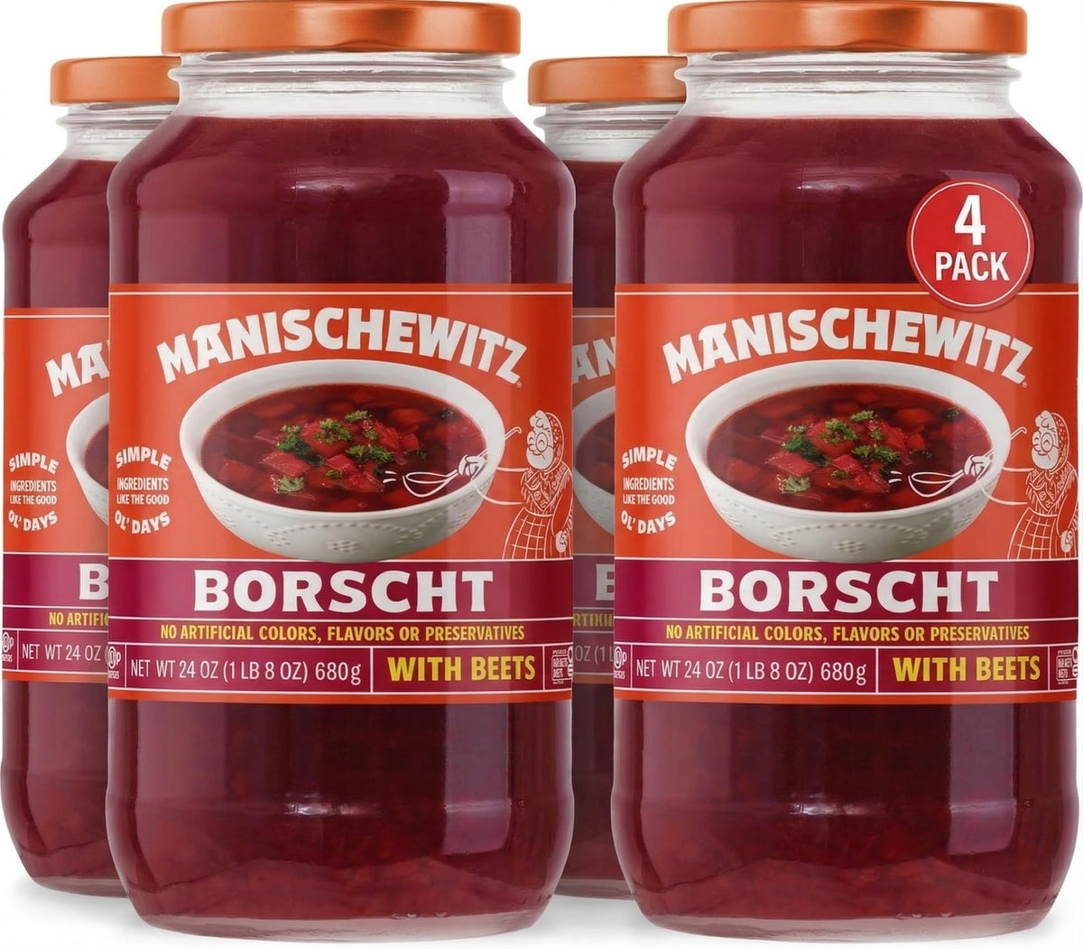 Manischewitz Borscht with Beets | Ready-to-Serve Beet Soup | Gluten-Free, Vegetarian, Kosher (Passover) | 4 Pack