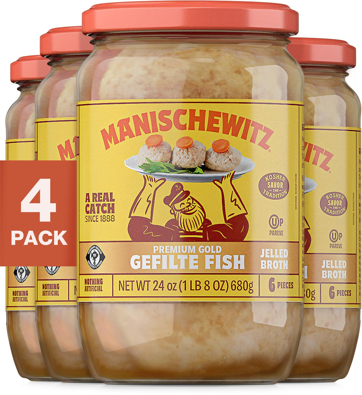 Manischewitz Premium Gold Gefilte Fish with Carrots – 4 Pack (24oz) | Kosher for Passover