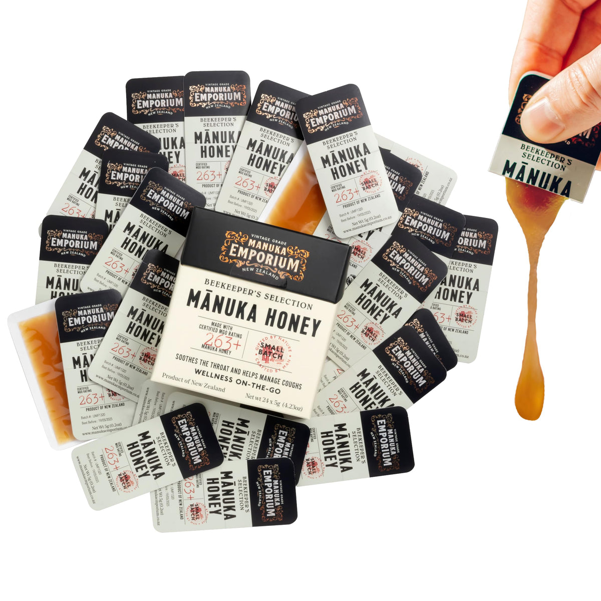 Manuka Emporium Raw Manuka Honey Packets MGO 263+ | 24 x 0.18oz Snap Packs | Monofloral NZ Honey | UMF 10+ Equivalent | Travel-Friendly Wellness