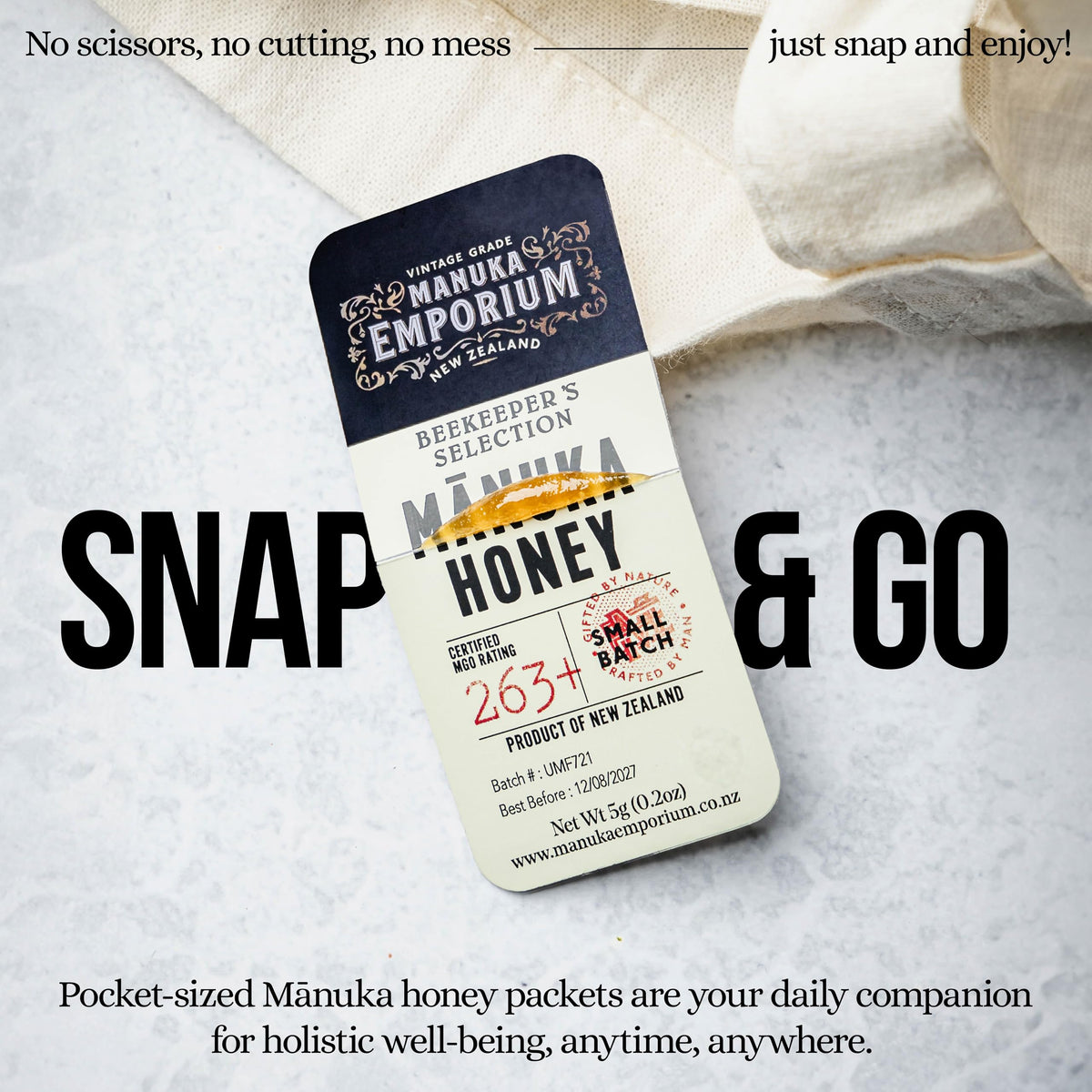 Manuka Emporium Raw Manuka Honey Packets MGO 263+ | 24 x 0.18oz Snap Packs | Monofloral NZ Honey | UMF 10+ Equivalent | Travel-Friendly Wellness