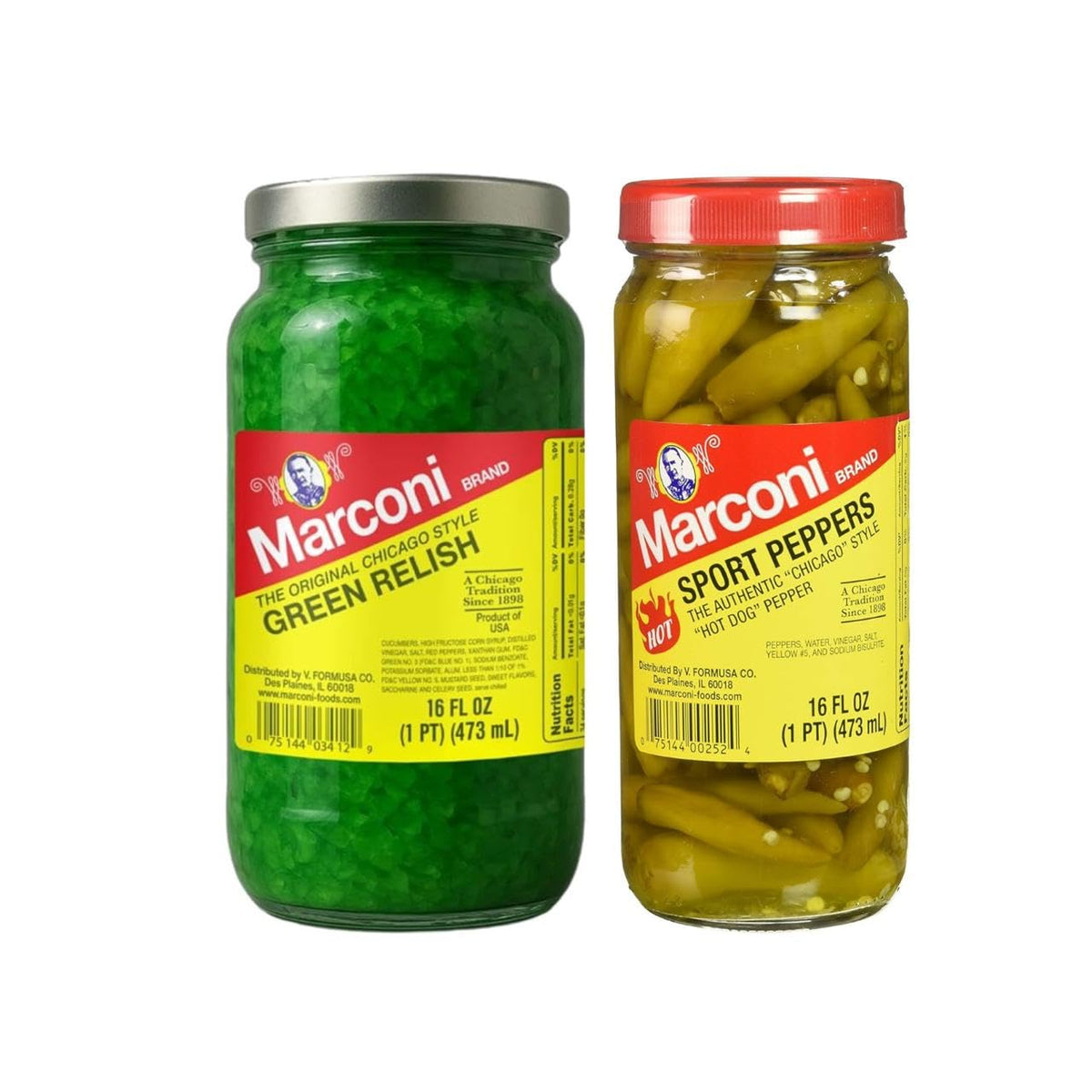 Marconi Sport Peppers & Green Relish 2 Pack – Chicago-Style Hot Dog Toppings (32 oz Total)