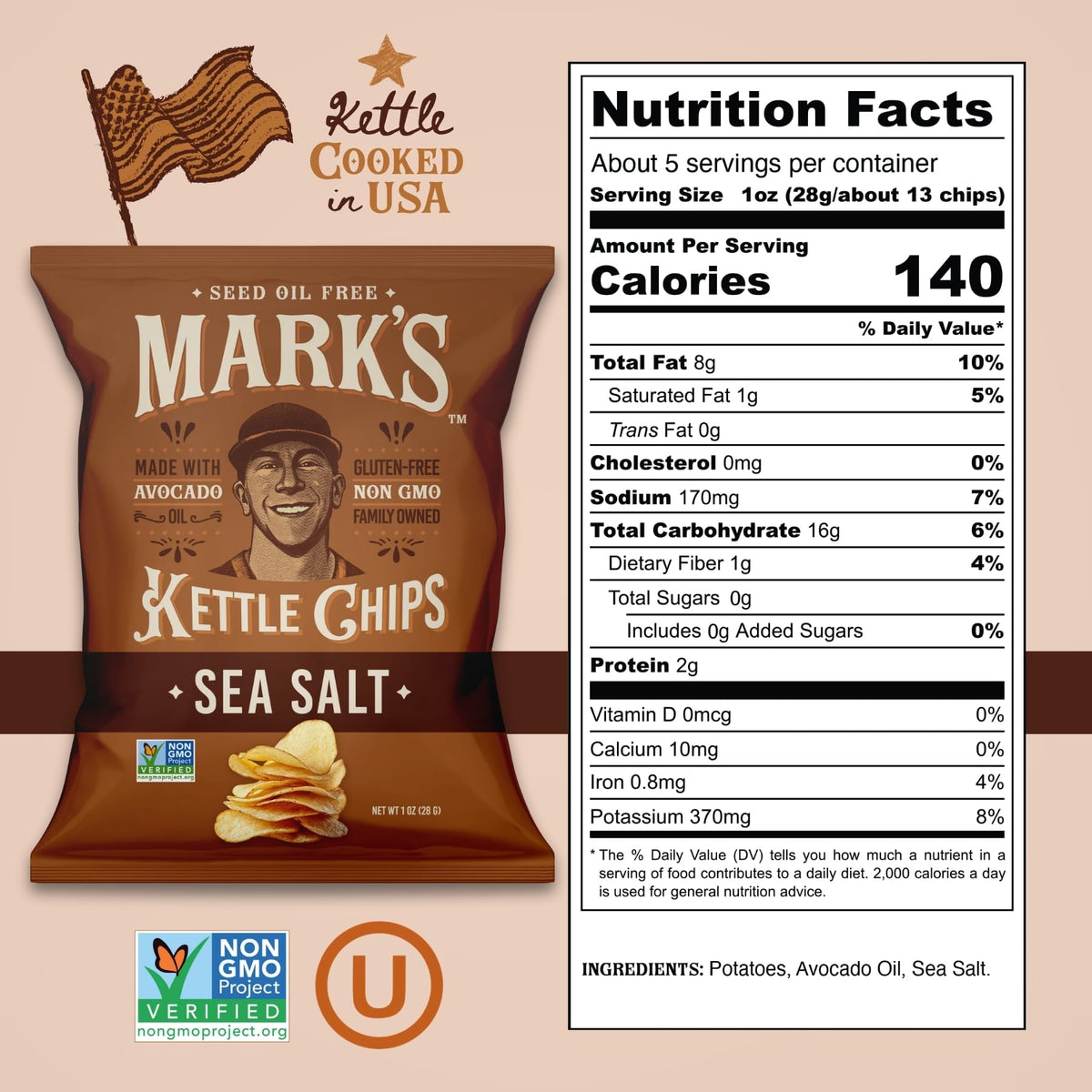 Mark’s Kettle Cooked Avocado Oil Potato Chips – Sea Salt, Gluten Free & Seed Oil Free (1 oz, Pack of 24)