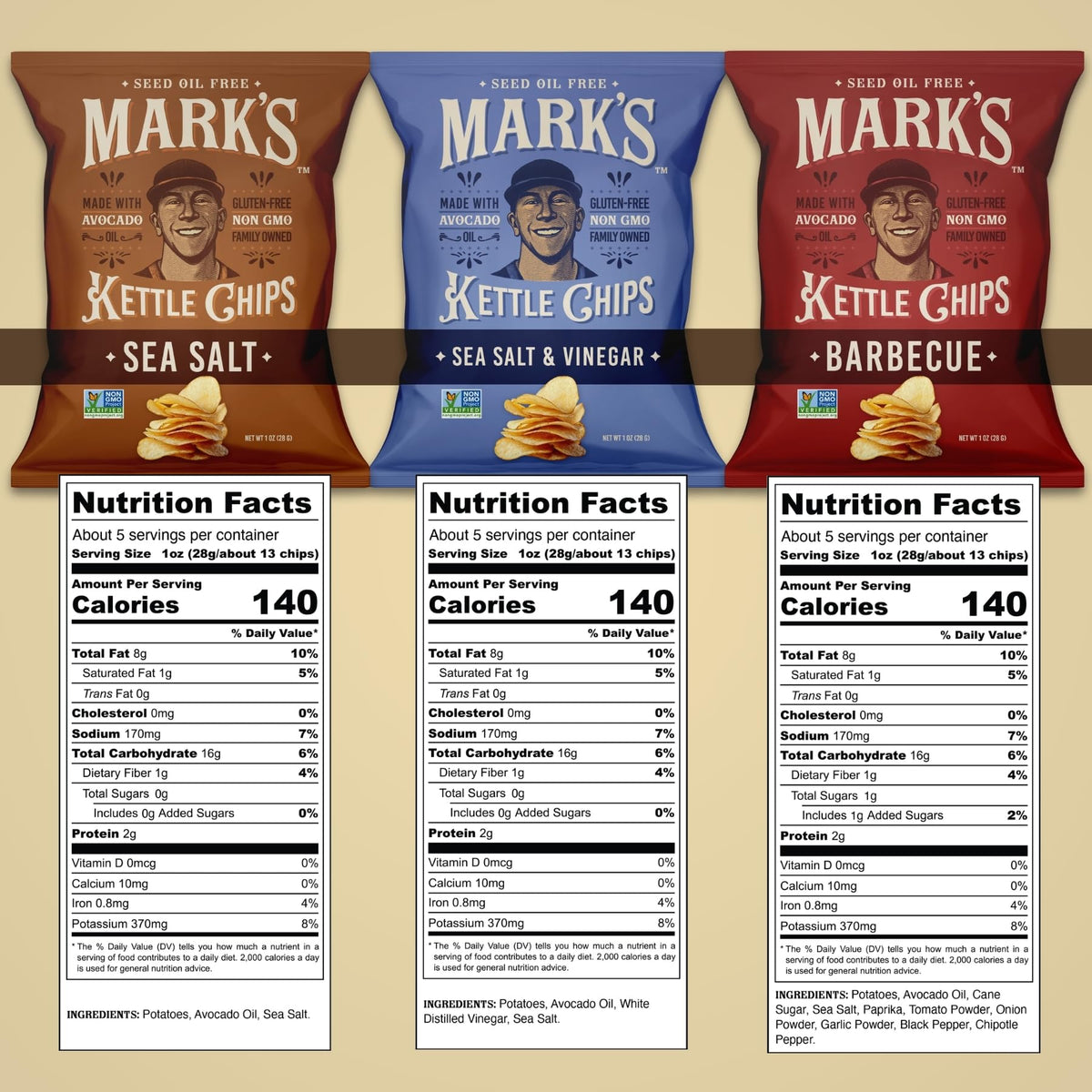MARK’S Kettle Cooked Avocado Oil Potato Chips – 3-Flavor Variety Pack, Gluten Free & Seed Oil Free | Pack of 24 (1 oz Each)