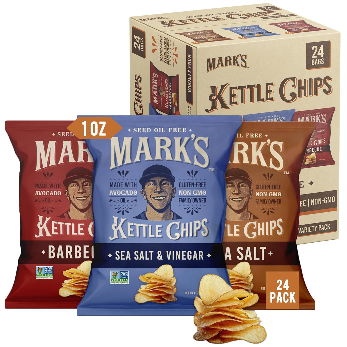 MARK’S Kettle Cooked Avocado Oil Potato Chips – 3-Flavor Variety Pack, Gluten Free & Seed Oil Free | Pack of 24 (1 oz Each)
