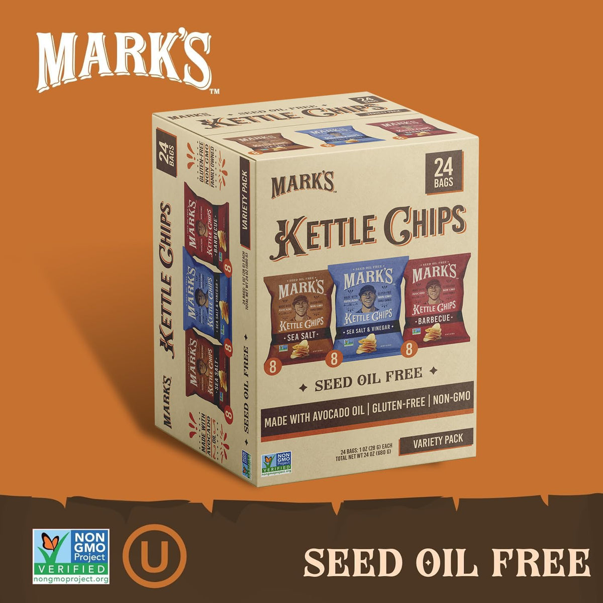 MARK’S Kettle Cooked Avocado Oil Potato Chips – 3-Flavor Variety Pack, Gluten Free & Seed Oil Free | Pack of 24 (1 oz Each)