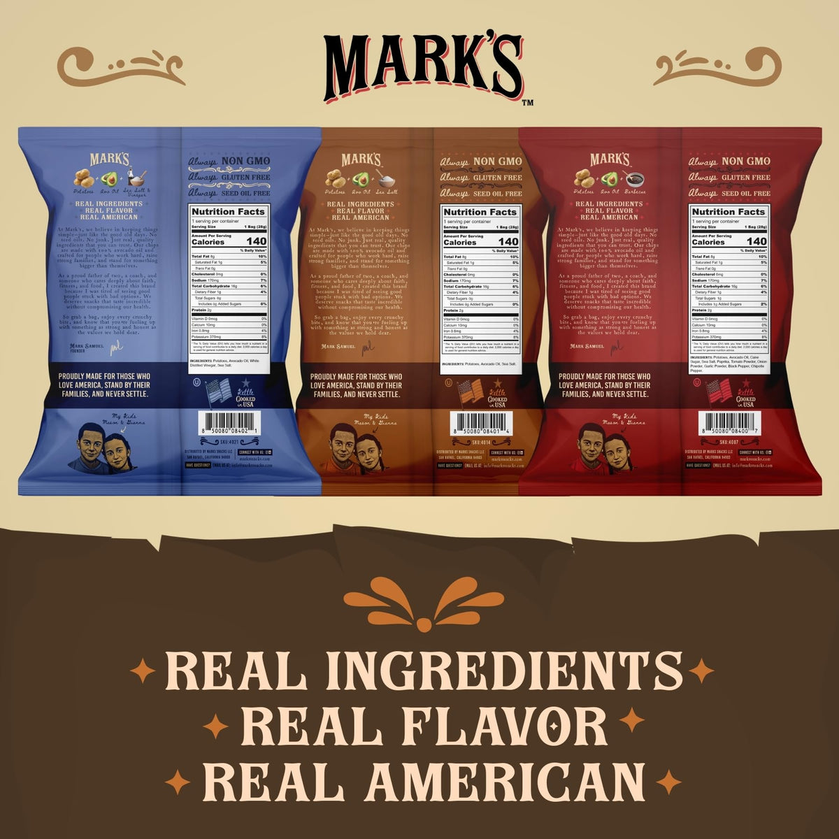 MARK’S Kettle Cooked Avocado Oil Potato Chips – 3-Flavor Variety Pack, Gluten Free & Seed Oil Free | Pack of 24 (1 oz Each)