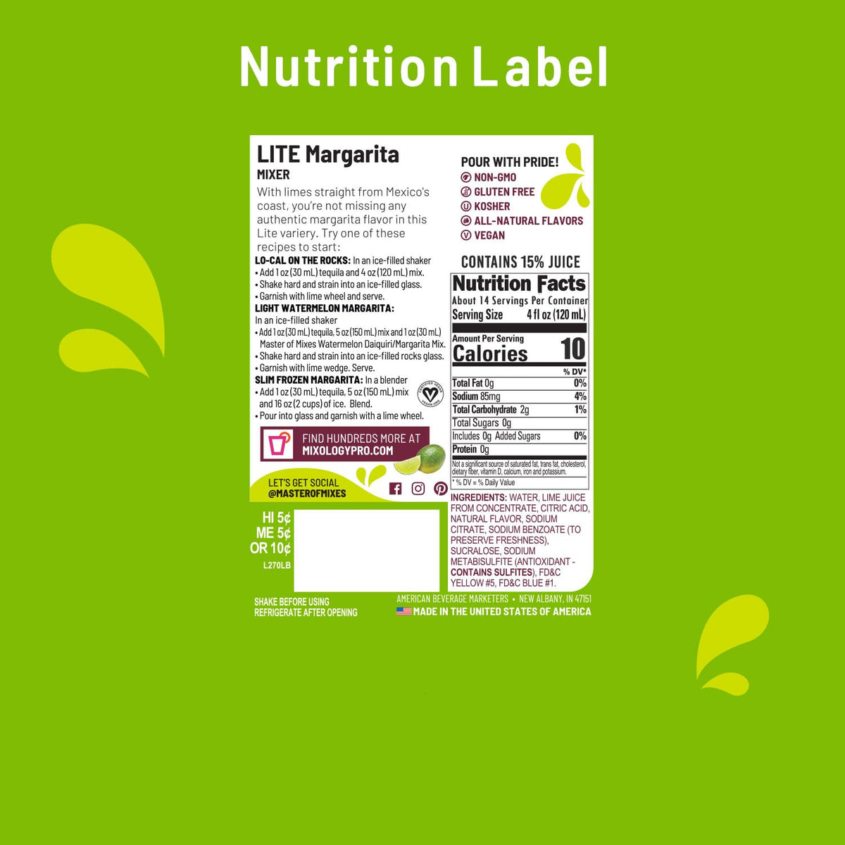 Master of Mixes Margarita Lite Drink Mix – Sugar-Free Margarita, 1.75L Bottle, 3-Pack