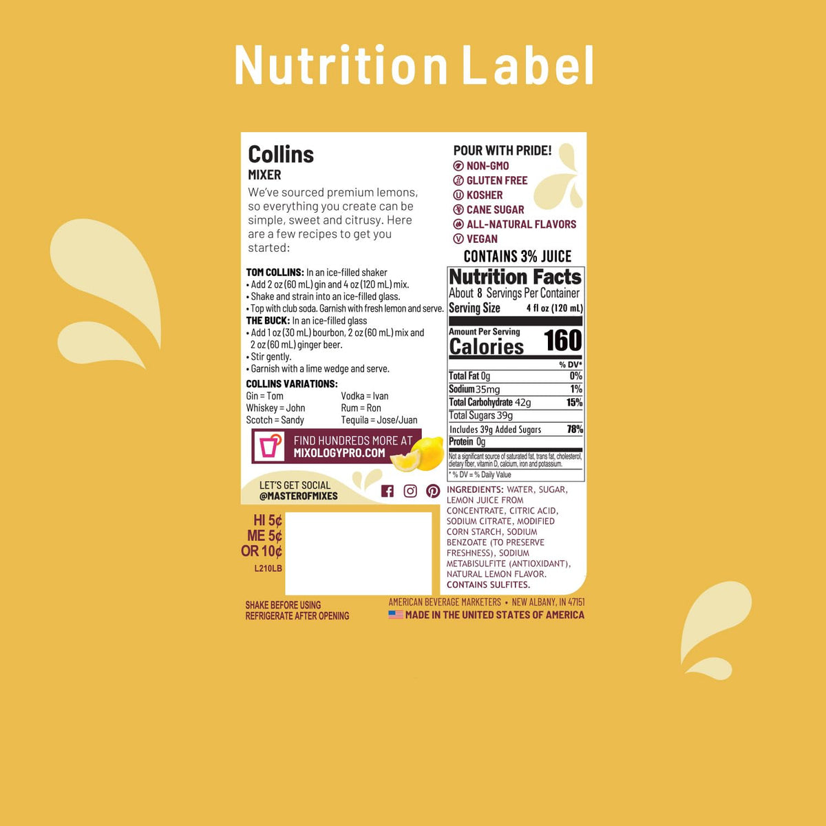 Master of Mixes Collins Drink Mix – Ready-to-Use 1L (33.8 fl oz) Bottle, 3-Pack