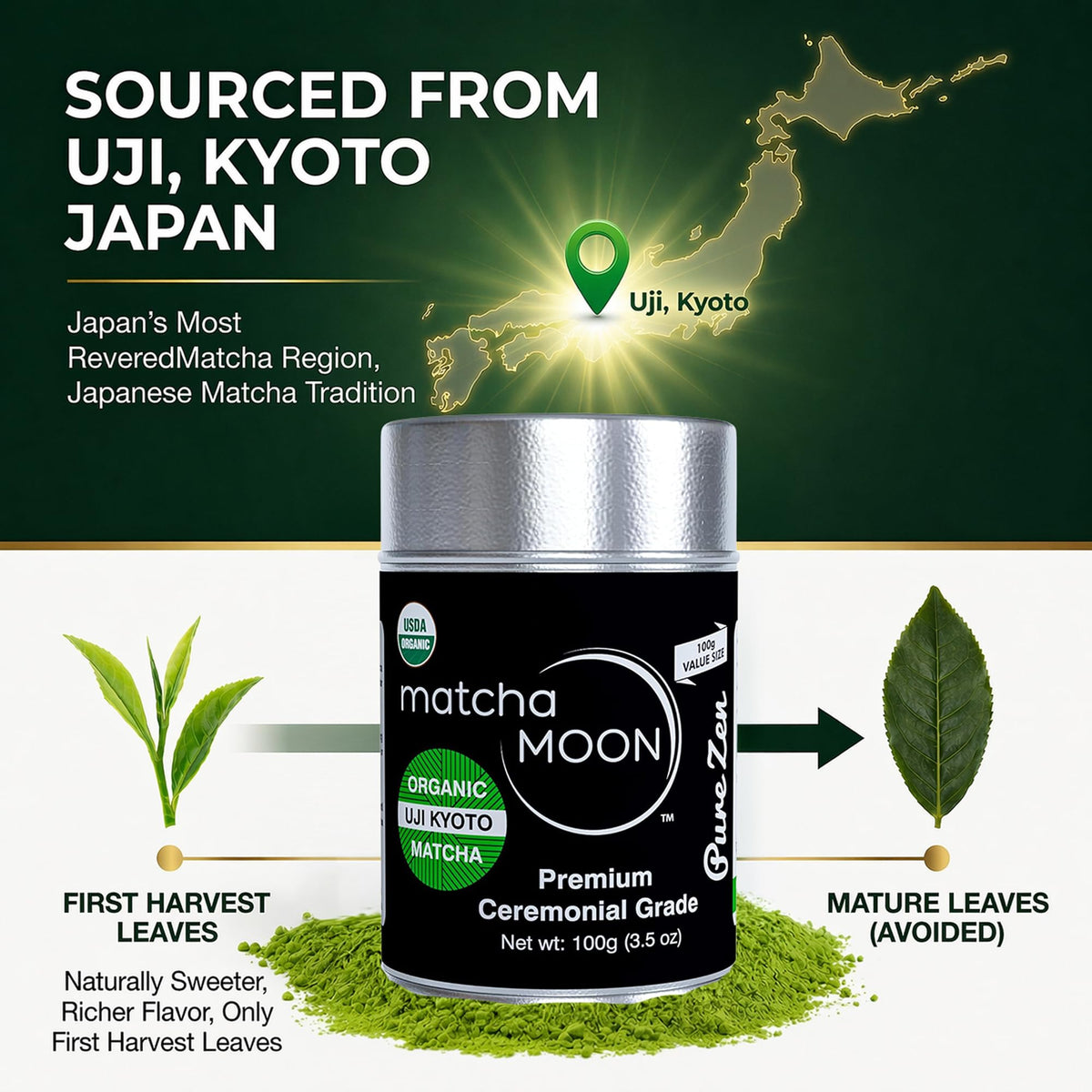 Matcha Moon Pure Zen Ceremonial Grade Matcha Powder – USDA Organic, Uji Kyoto, 100g Tin