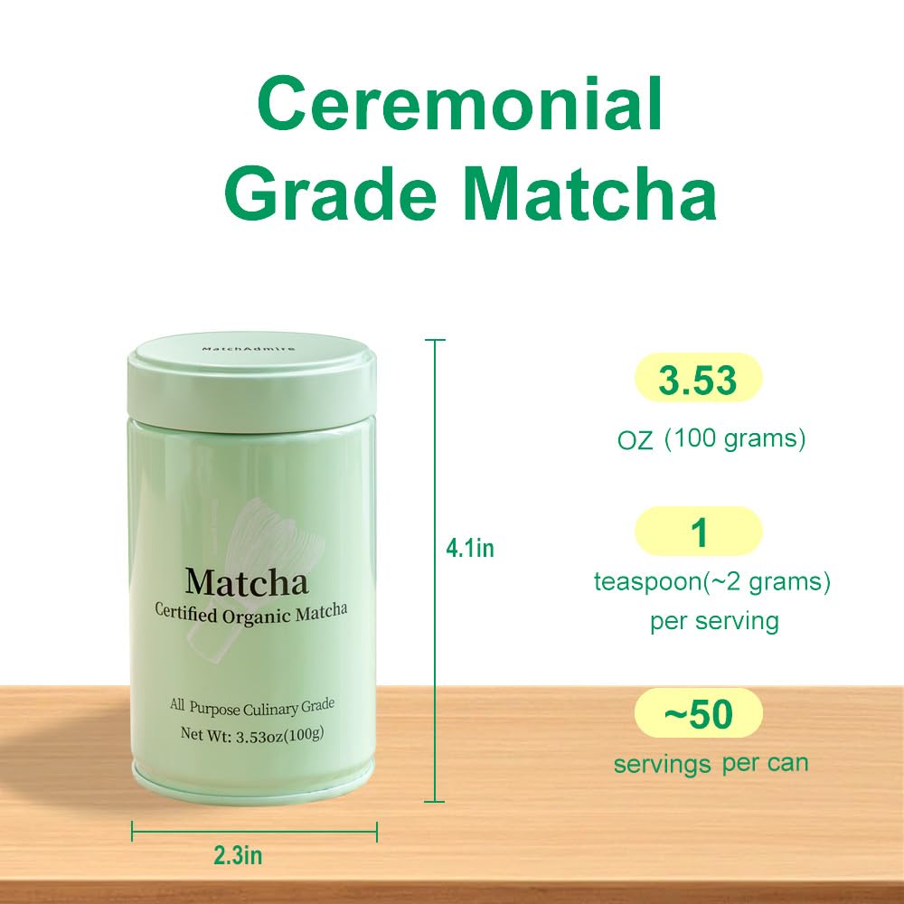 MatchAdmire Matcha Green Tea Powder – USDA Organic First Harvest, Gluten-Free, Vegan, 100% Pure Unsweetened, 3.53oz Tin | All-Purpose Culinary Grade