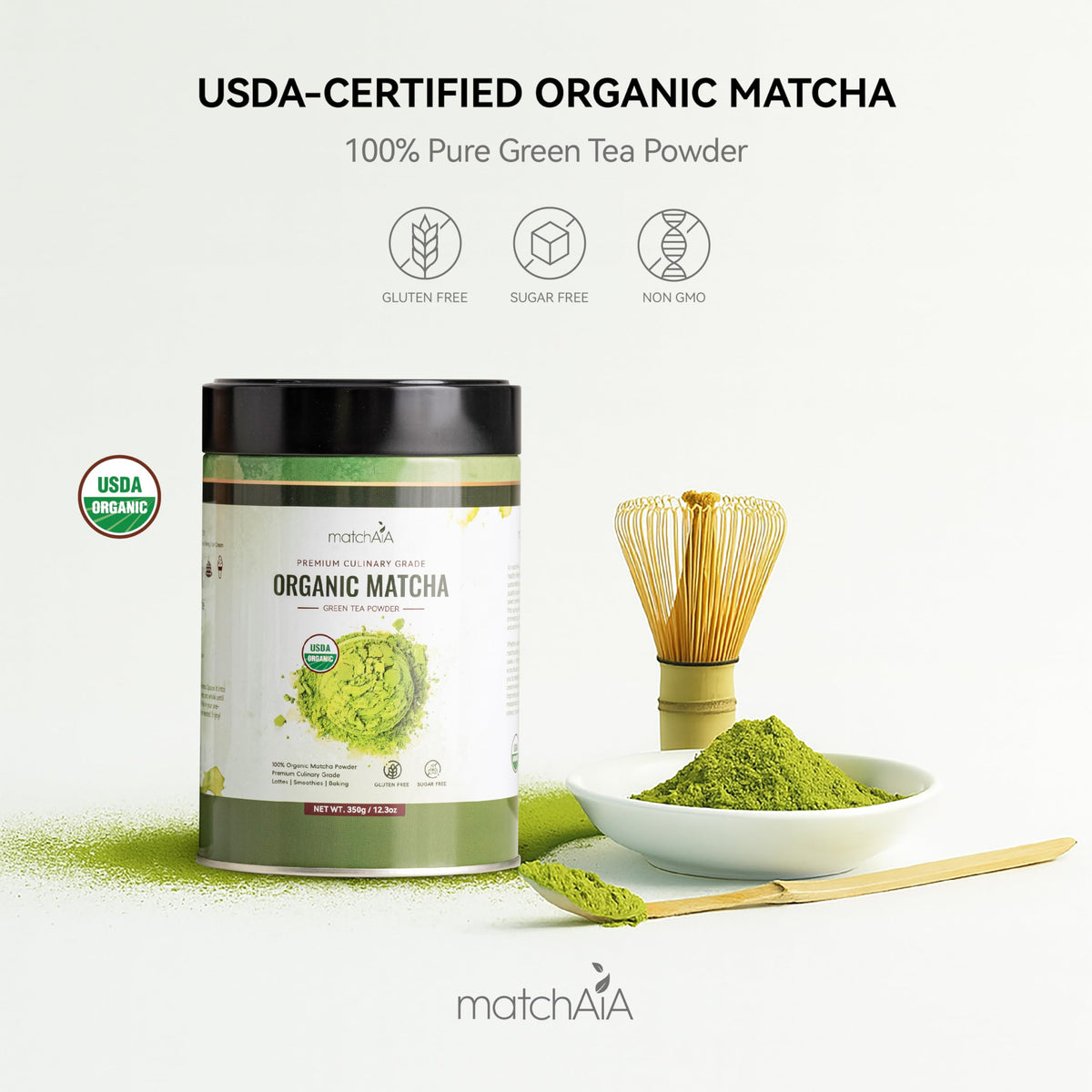 MatchAiA Organic Matcha Green Tea Powder – Premium Culinary Grade, USDA Certified, 350g Tin