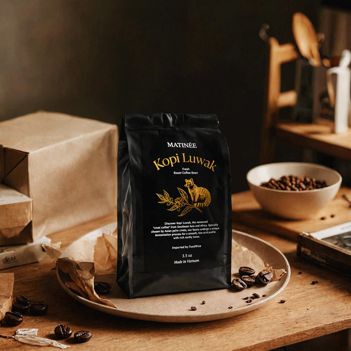 MATINÉE Wild Kopi Luwak Coffee Beans – Medium Roast, Sustainably Sourced from Vietnam – 8.8oz / 250g