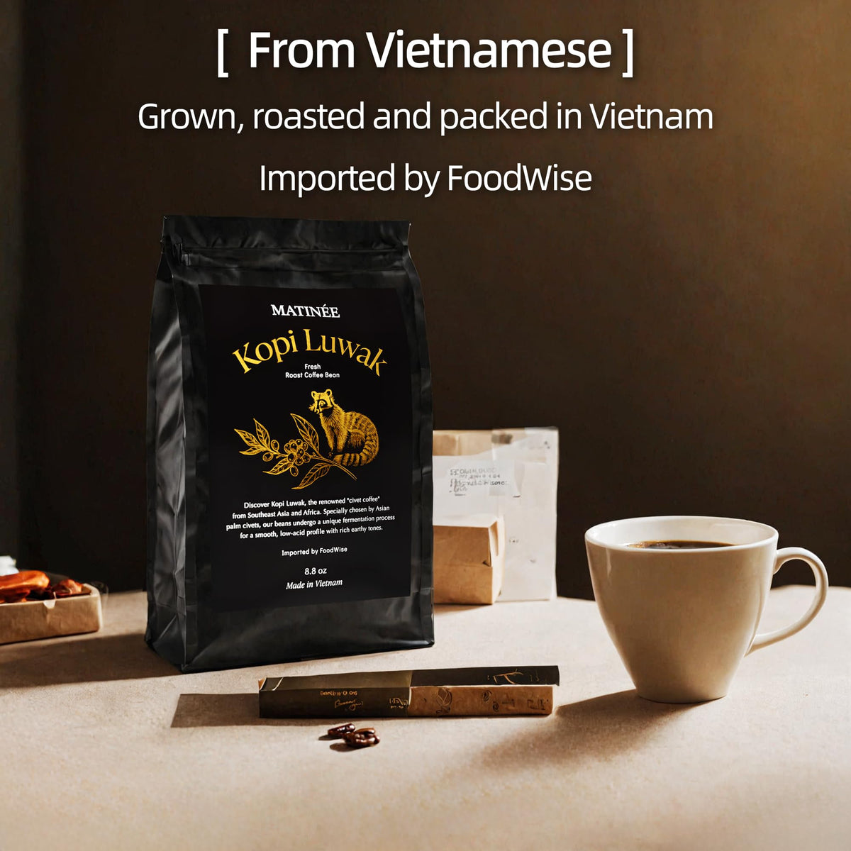 MATINÉE Wild Kopi Luwak Coffee Beans – Medium Roast, Sustainably Sourced from Vietnam – 8.8oz / 250g