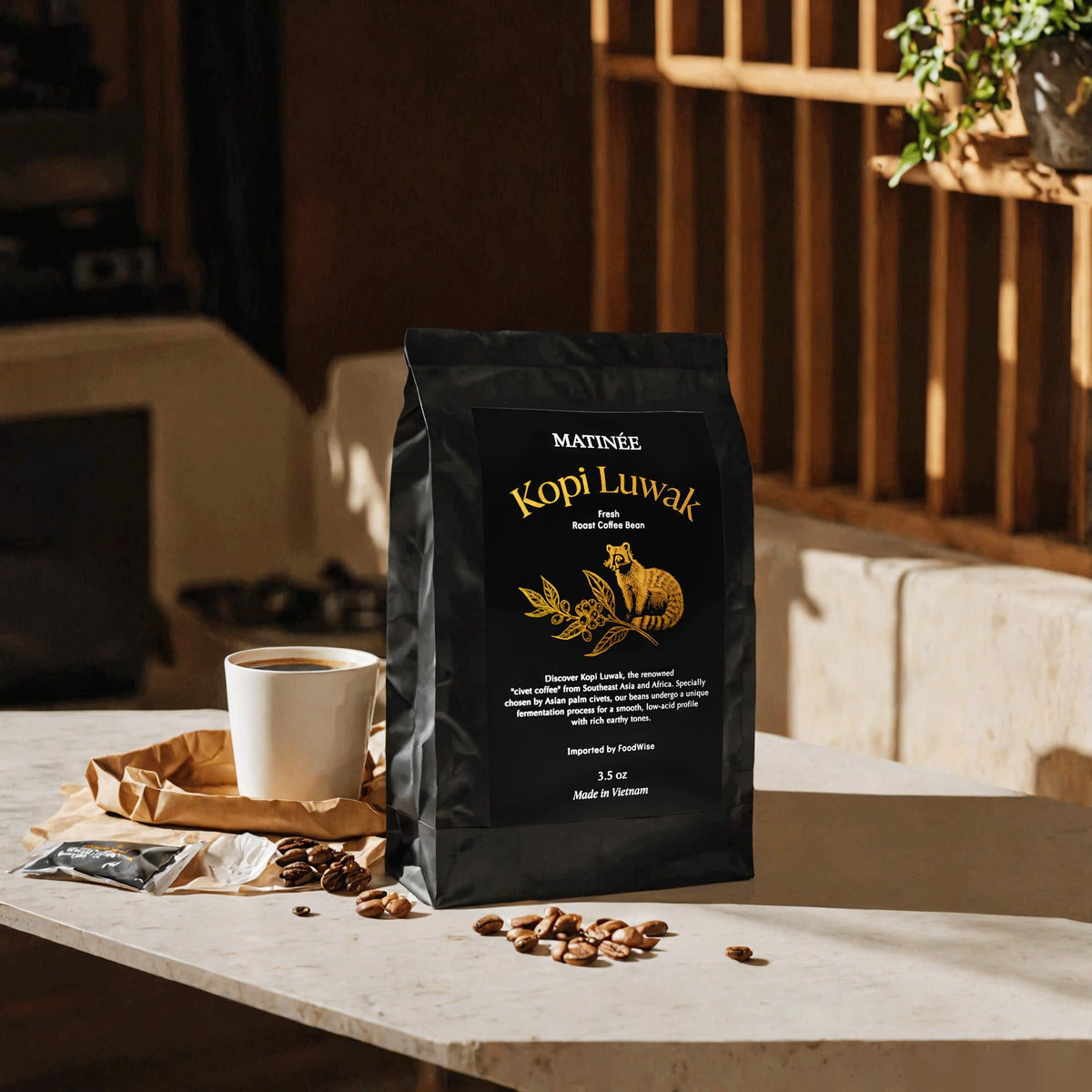 MATINÉE Wild Kopi Luwak Coffee Beans – Medium Roast, Sustainably Sourced from Vietnam – 8.8oz / 250g
