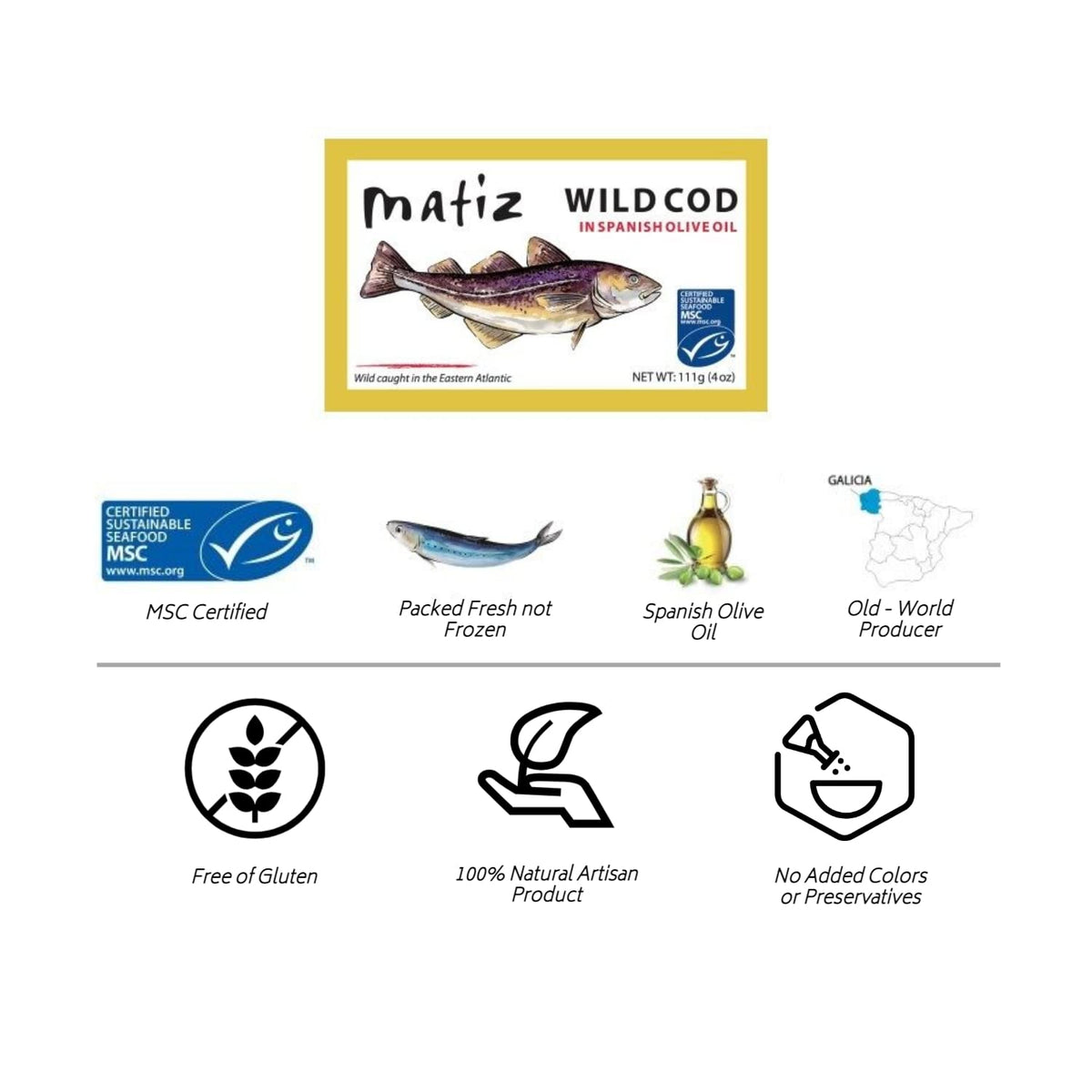 Matiz Wild Cod in Olive Oil | Hand-Packed in Galicia, Spain | 12 Pack