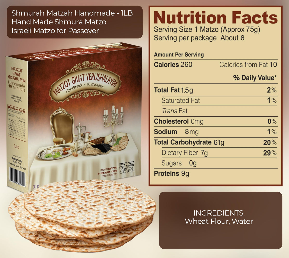 Matzot Givat Yerushalayim Shmurah Matzah – Handmade 1 lb Israeli Passover Matzo