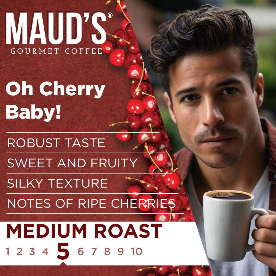 Maud's Cherry Flavored Coffee Pods - 50 Count, Medium Roast, 100% Arabica, Keurig Compatible