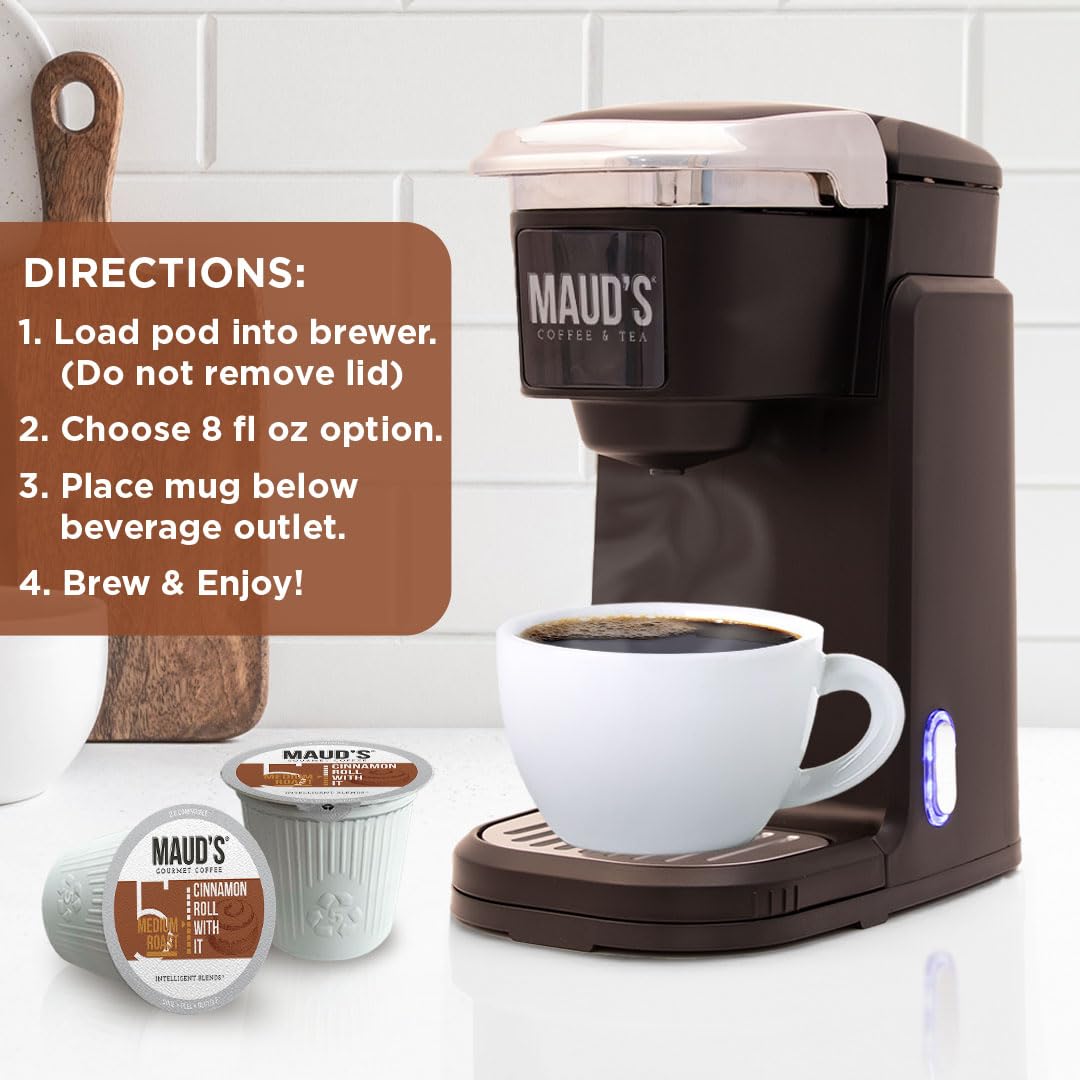 MAUD'S Cinnamon Roll Flavored Coffee Pods – 50 ct, Medium Roast, 100% Arabica, Keurig Compatible