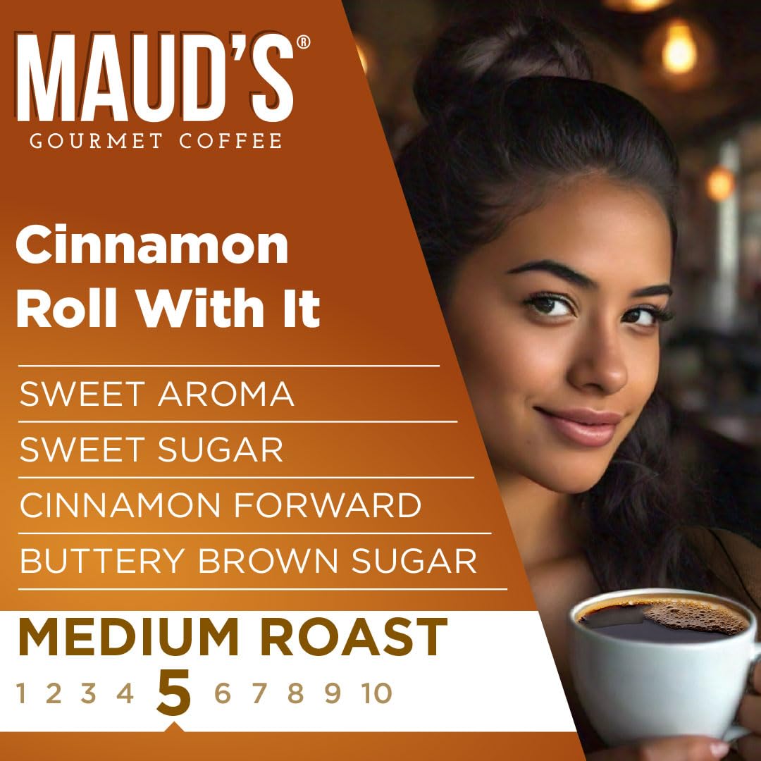MAUD'S Cinnamon Roll Flavored Coffee Pods – 50 ct, Medium Roast, 100% Arabica, Keurig Compatible