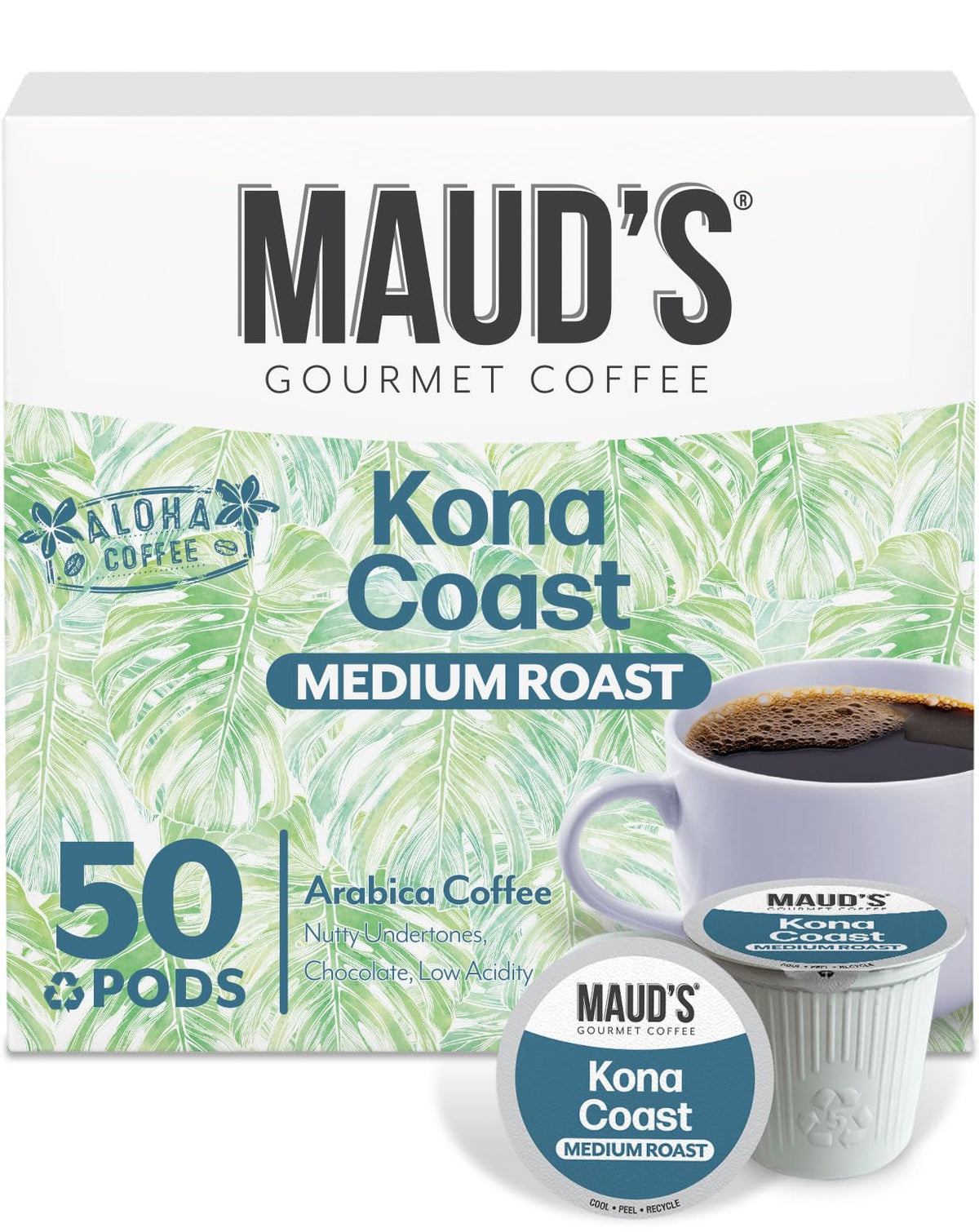Maud's Kona Coffee Pods, 50 Count – Medium Roast, 100% Arabica, Keurig Compatible