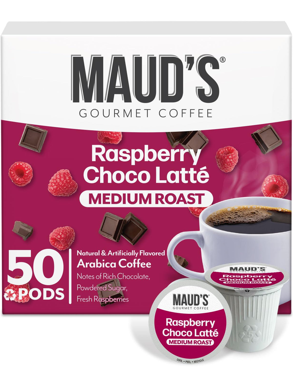 Maud's Raspberry Chocolate Flavored Coffee Pods – 50 Ct, Medium Roast, 100% Arabica, Keurig Compatible