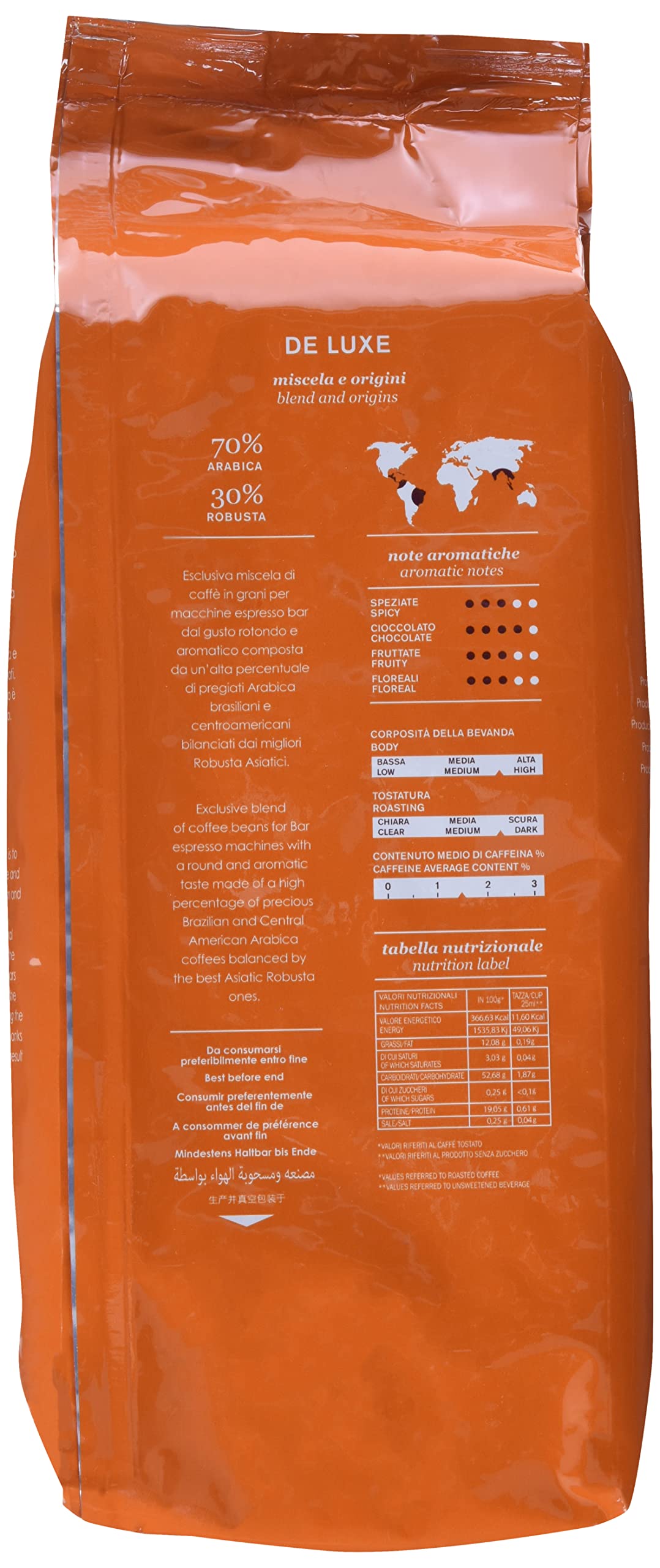 Caffè Mauro Mauro De Luxe – Italian Roasted Coffee Beans, 2.2 lb Bag (70% Arabica / 30% Robusta)