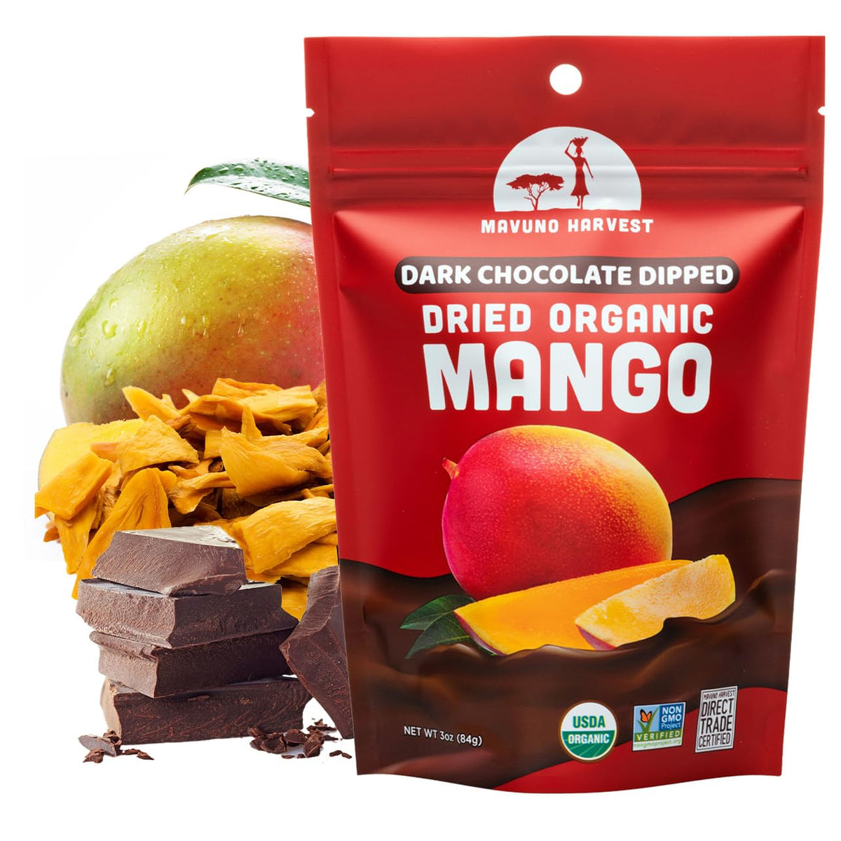 Mavuno Harvest Organic Chocolate Covered Mango – Dark Chocolate Dipped Dried Mango, 1 lb