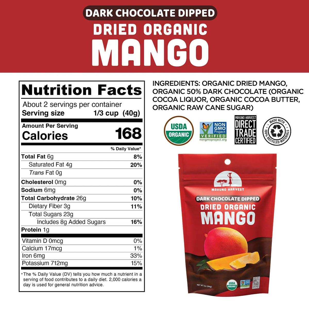 Mavuno Harvest Organic Chocolate Covered Mango – Dark Chocolate Dipped Dried Mango, 1 lb