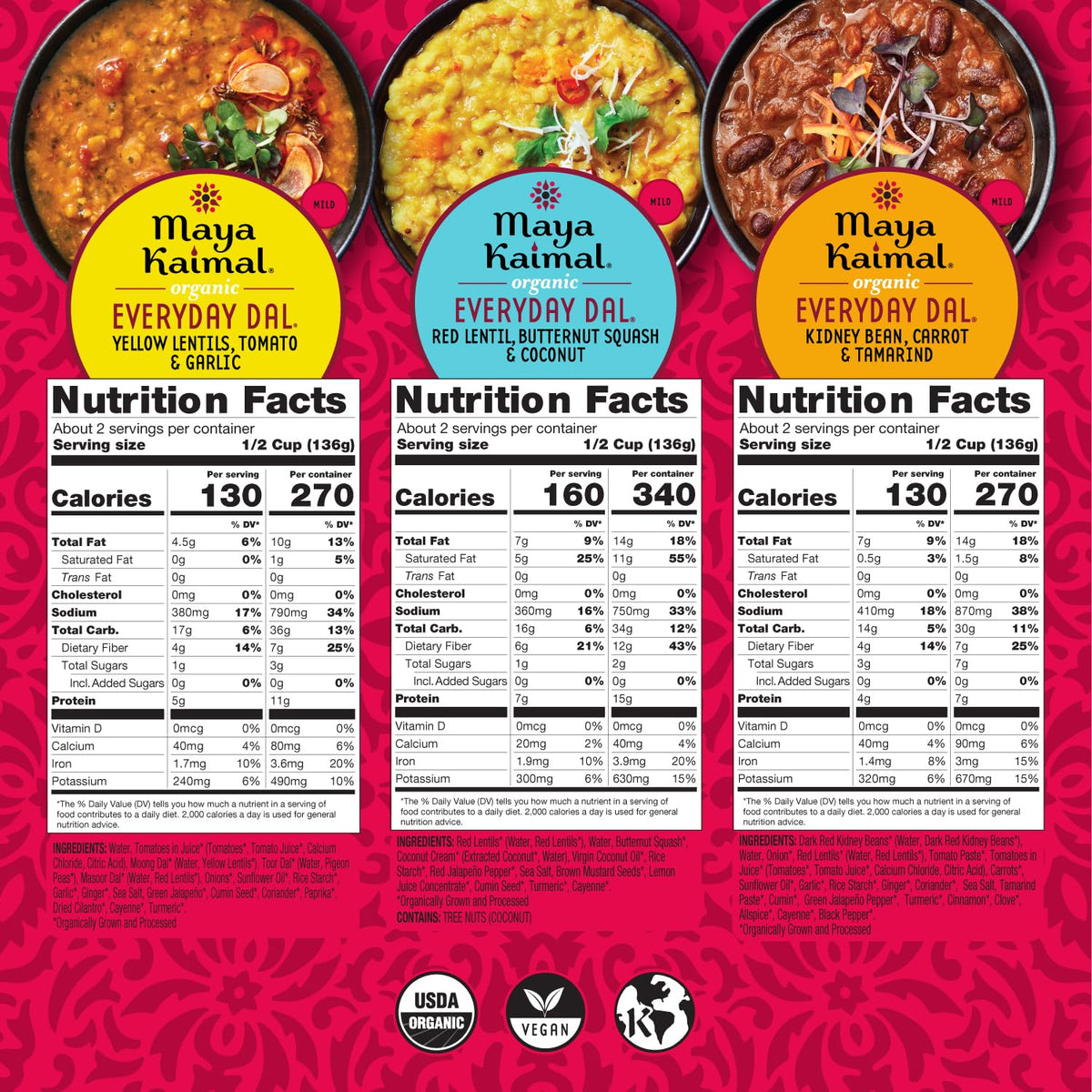 Maya Kaimal Organic Everyday Dal Variety Pack | 6x10oz Ready-to-Eat, Vegan, Kosher