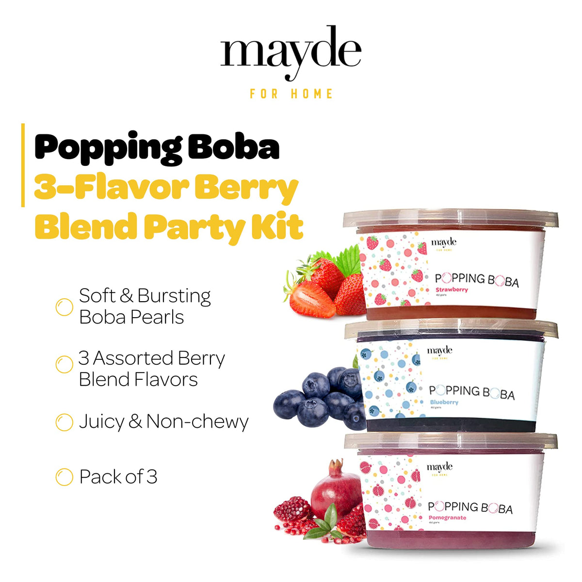 Mayde Popping Boba Pearls Variety Pack – Bursting Fruit Boba Pearls for Bubble Tea, 490 g, 3 Pack