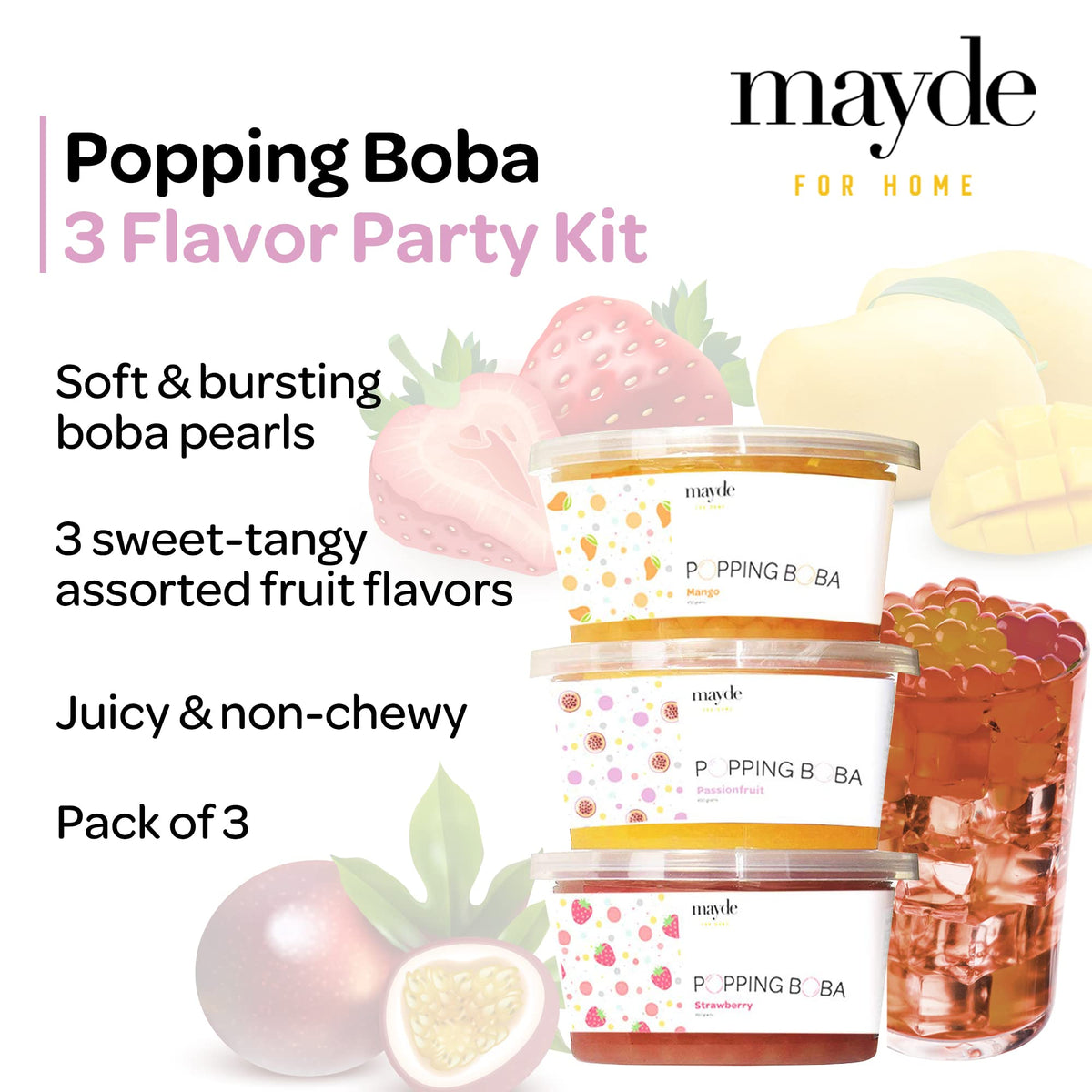 Mayde Popping Boba Pearls Variety Pack – Strawberry, Mango & Passion Fruit, 490 g (3 Pack)