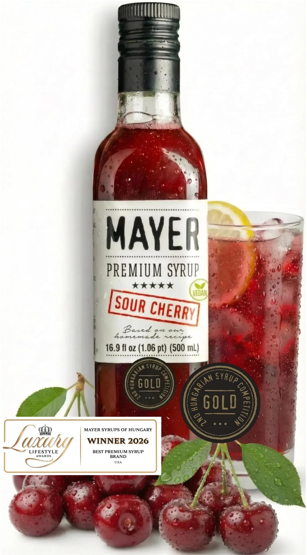 Mayer Sour Cherry Syrup – Award-Winning All-Natural Cherry Syrup, 100% Real Fruit, Handcrafted in Hungary (16.9 oz)