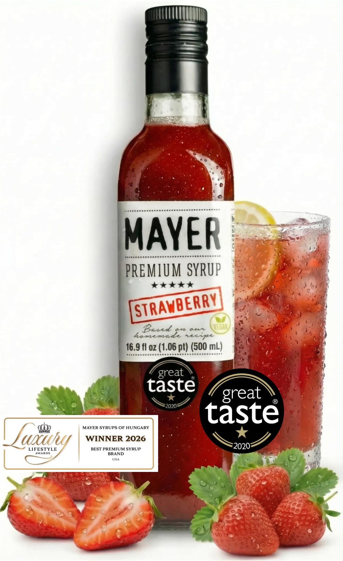 Mayer Strawberry Syrup – Award-Winning All-Natural Hungarian Syrup (1 Pack) | Vegan, Gluten-Free