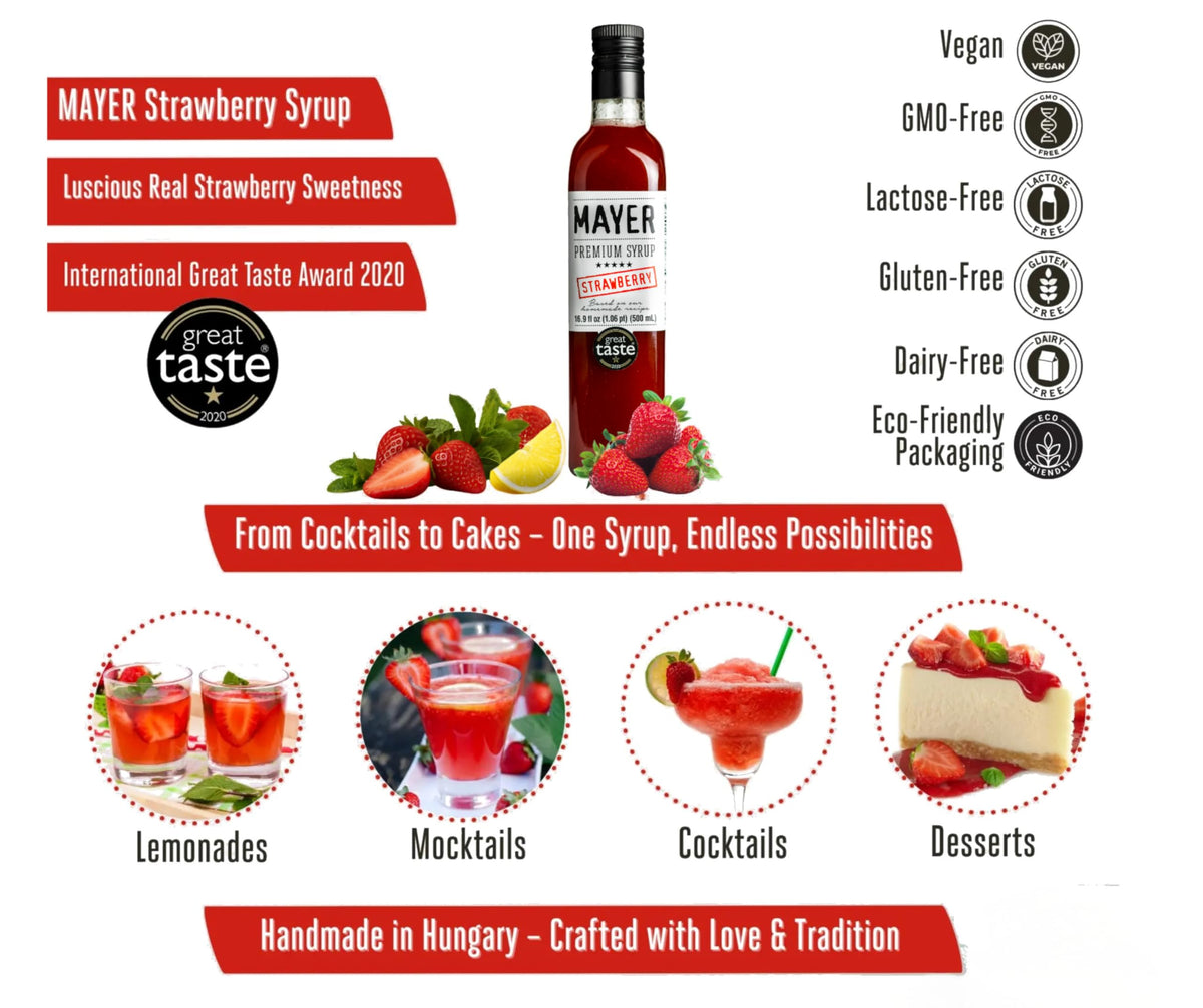Mayer Strawberry Syrup – Award-Winning All-Natural Hungarian Syrup (1 Pack) | Vegan, Gluten-Free