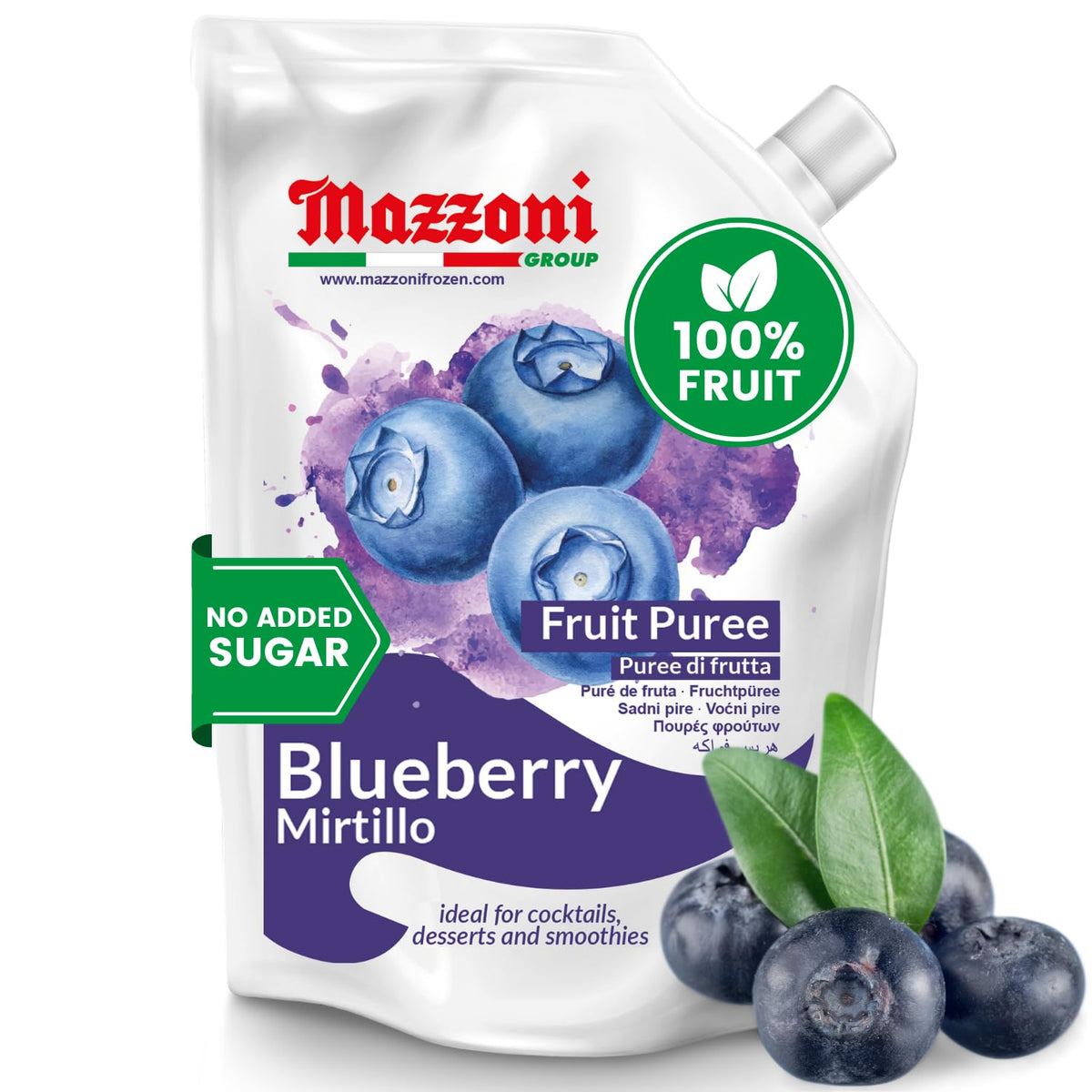 Mazzoni Blueberry Puree - 100% Pure Blueberries, No Sugar Added, 2.2 lb Pouch