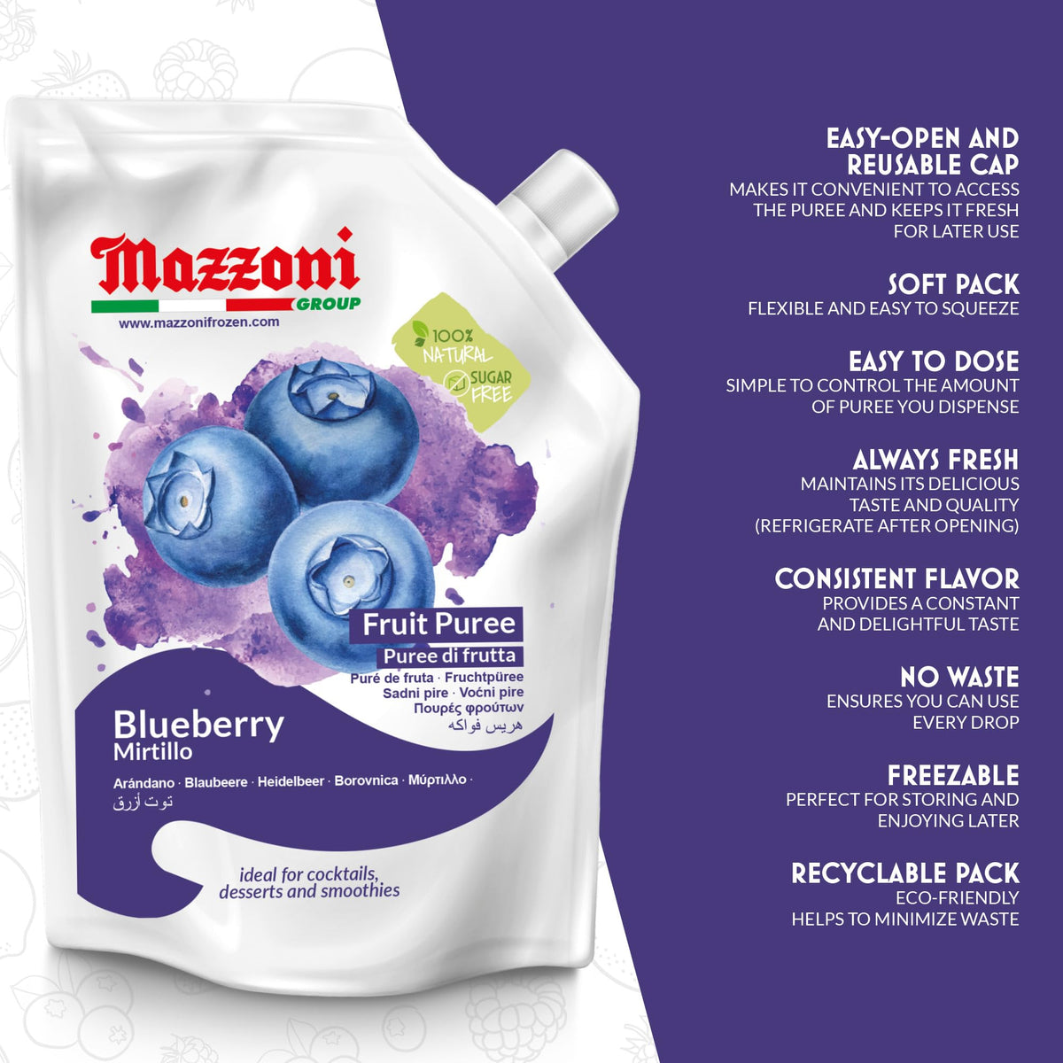 Mazzoni Blueberry Puree - 100% Pure Blueberries, No Sugar Added, 2.2 lb Pouch