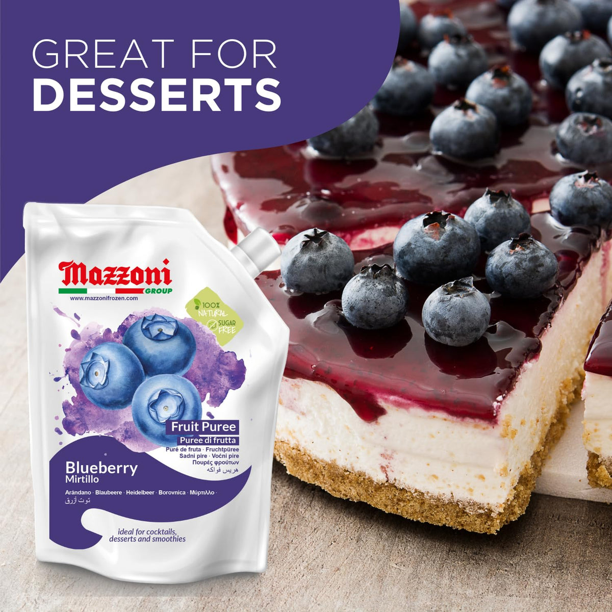 Mazzoni Blueberry Puree - 100% Pure Blueberries, No Sugar Added, 2.2 lb Pouch