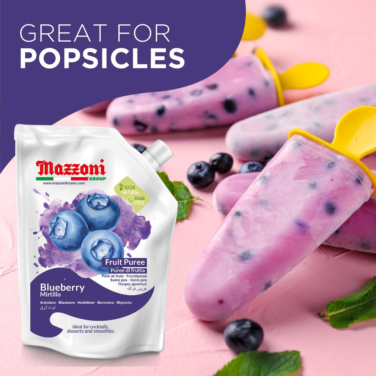 Mazzoni Blueberry Puree - 100% Pure Blueberries, No Sugar Added, 2.2 lb Pouch