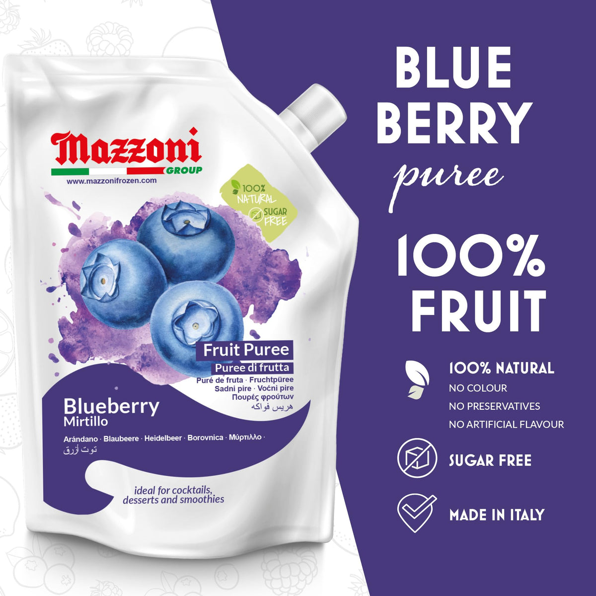 Mazzoni Blueberry Puree - 100% Pure Blueberries, No Sugar Added, 2.2 lb Pouch