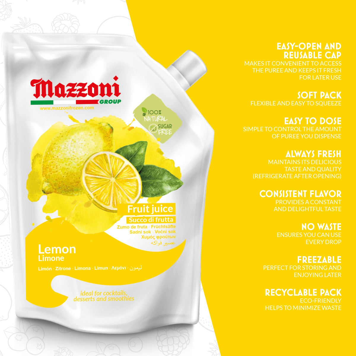 Mazzoni 100% Pure Lemon Juice — Not From Concentrate, No Added Sugar, 2.2 lb Pouch, Made in Italy