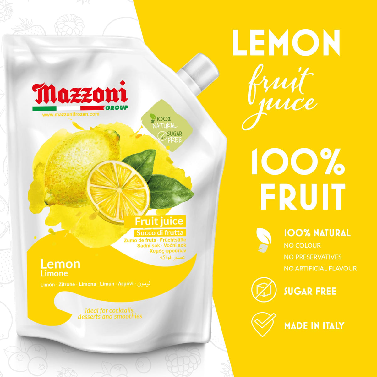 Mazzoni 100% Pure Lemon Juice — Not From Concentrate, No Added Sugar, 2.2 lb Pouch, Made in Italy
