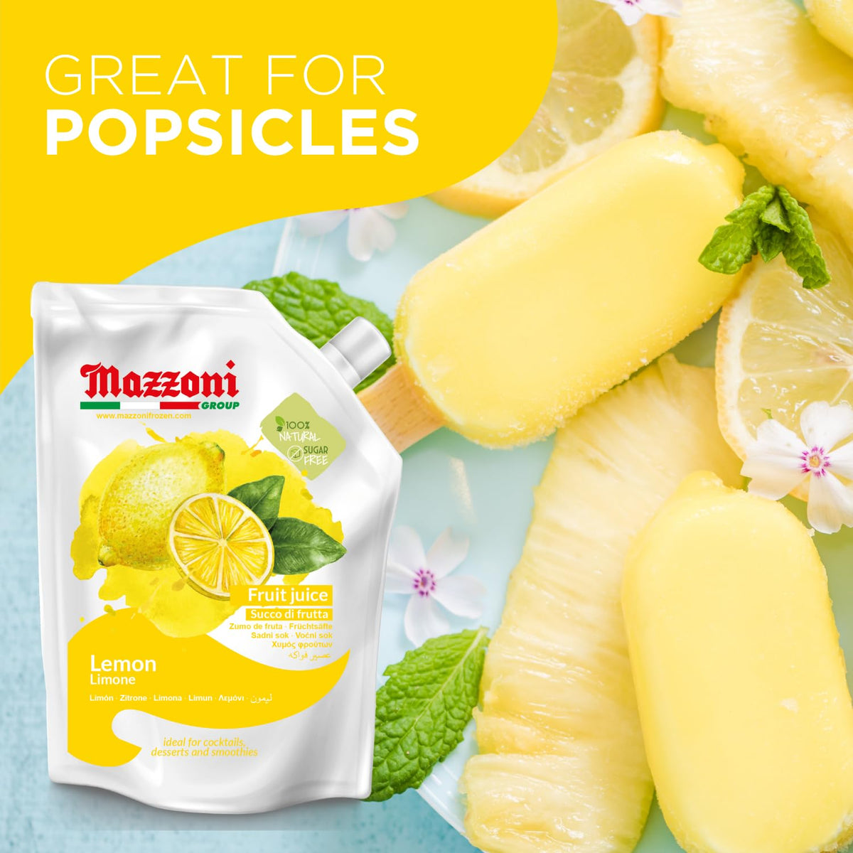 Mazzoni 100% Pure Lemon Juice — Not From Concentrate, No Added Sugar, 2.2 lb Pouch, Made in Italy