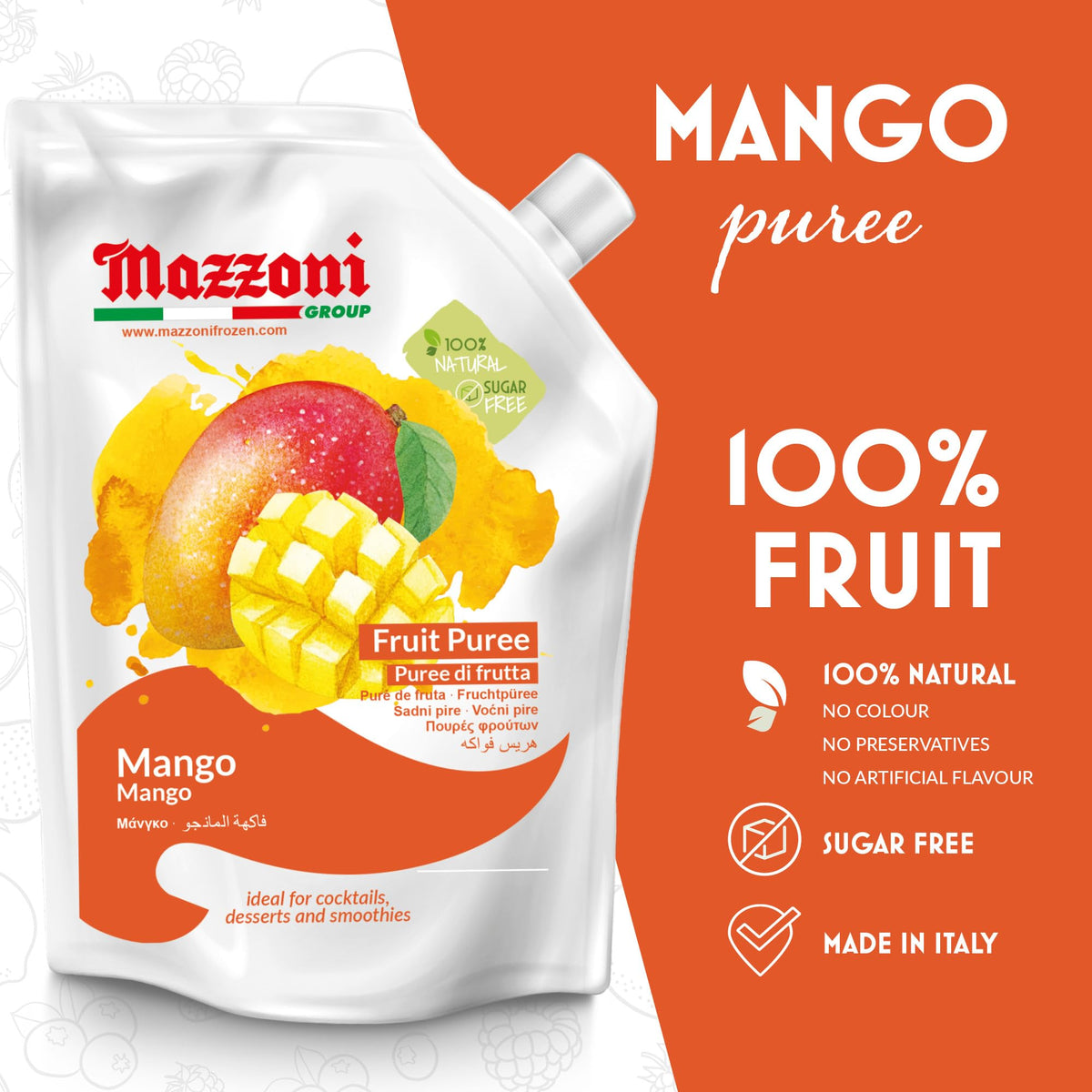 Mazzoni Mango Puree – 100% Mango, No Sugar Added, 2.2 lb Pouch for Drinks & Desserts | Made in Italy
