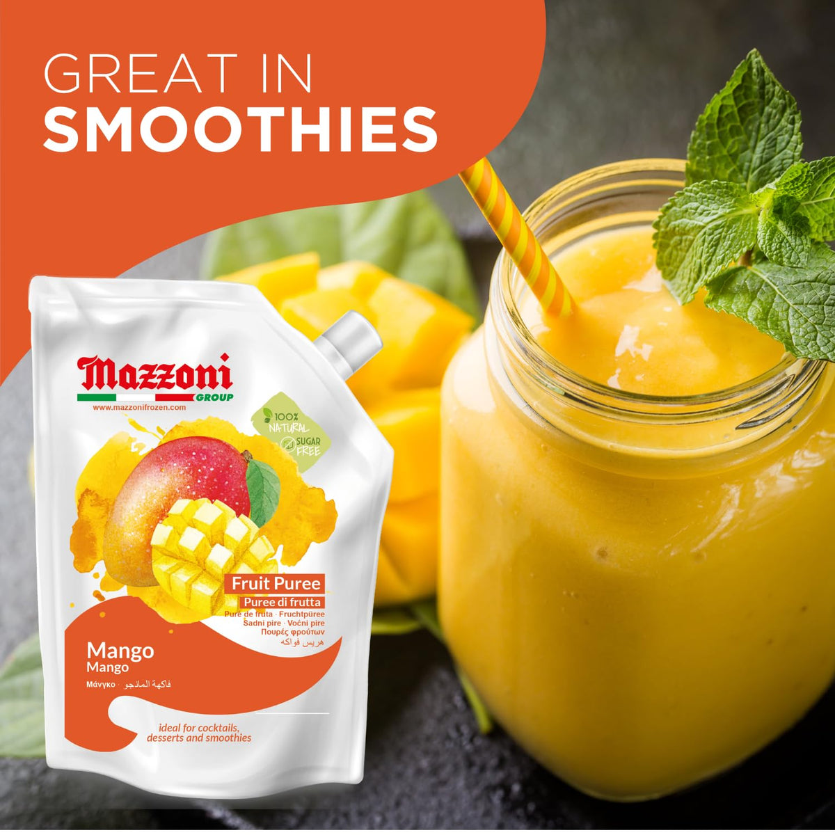 Mazzoni Mango Puree – 100% Mango, No Sugar Added, 2.2 lb Pouch for Drinks & Desserts | Made in Italy