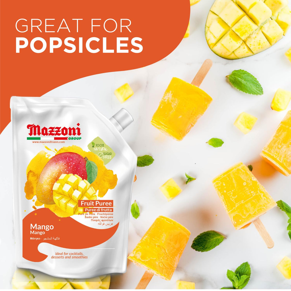 Mazzoni Mango Puree – 100% Mango, No Sugar Added, 2.2 lb Pouch for Drinks & Desserts | Made in Italy