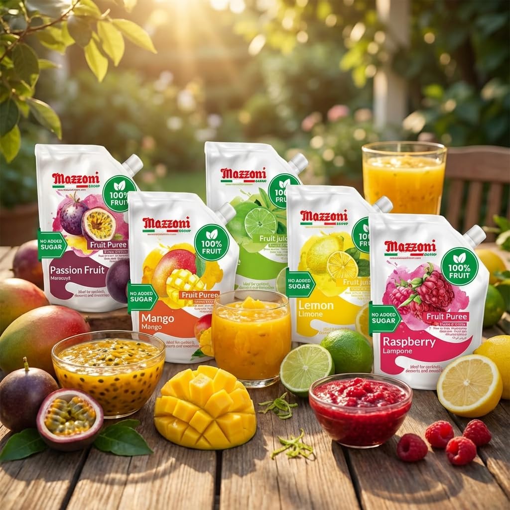 Mazzoni Mango Puree – 100% Mango, No Sugar Added, 2.2 lb Pouch for Drinks & Desserts | Made in Italy