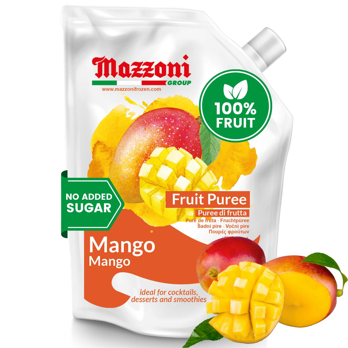 Mazzoni Mango Puree – 100% Mango, No Sugar Added, 2.2 lb Pouch for Drinks & Desserts | Made in Italy