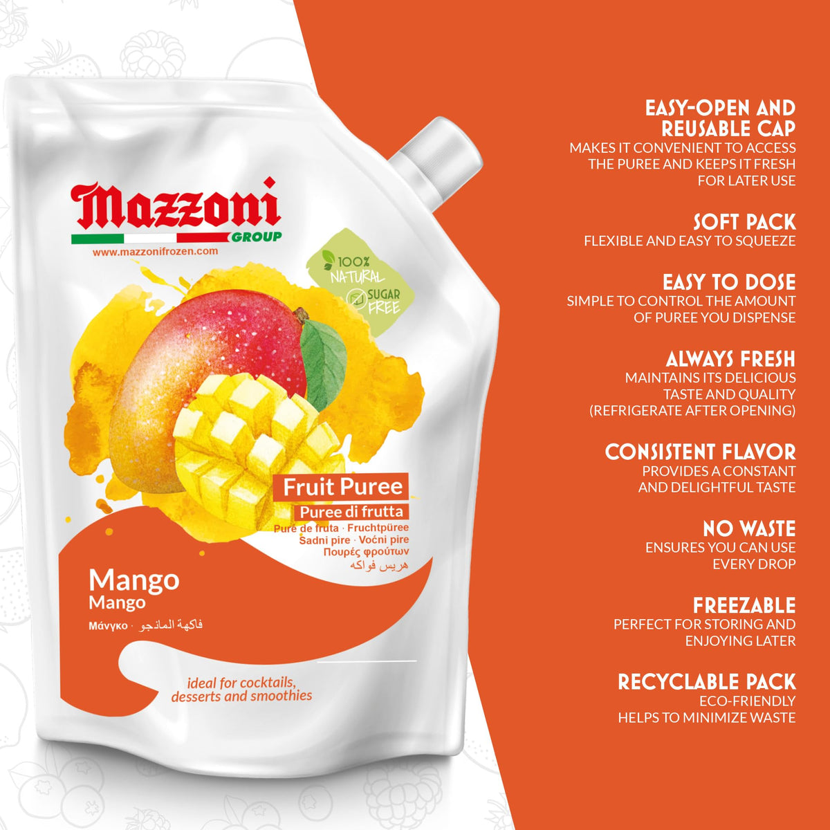 Mazzoni Mango Puree – 100% Mango, No Sugar Added, 2.2 lb Pouch for Drinks & Desserts | Made in Italy