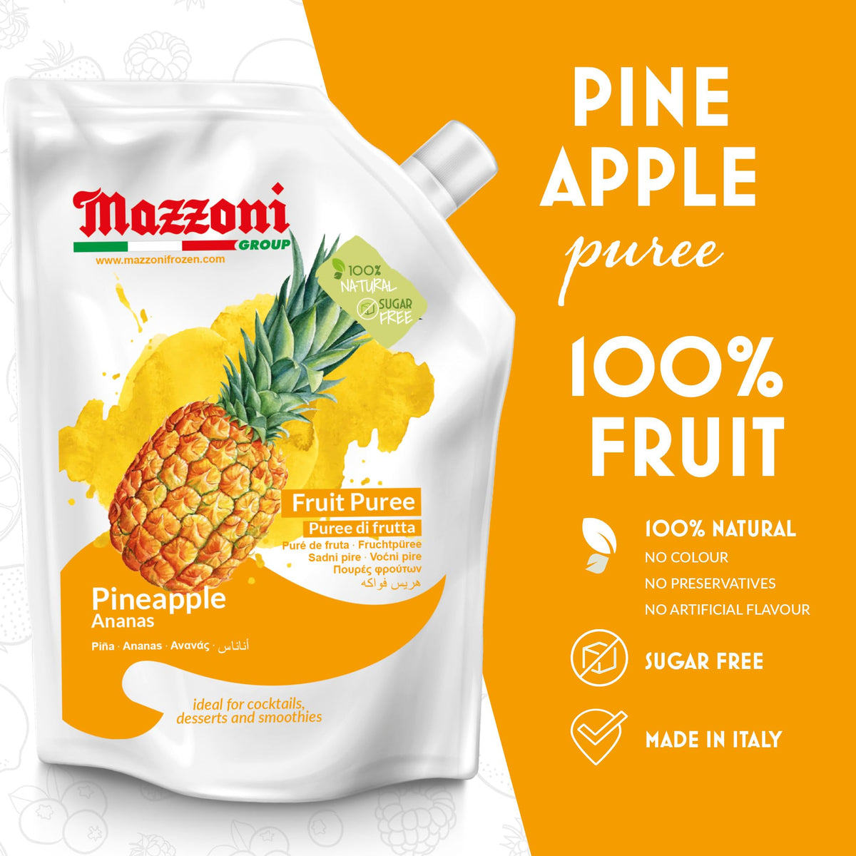 Mazzoni Pineapple Juice Puree – 100% Pineapple, No Sugar Added, 2.2 lb Pouch